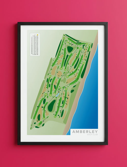 Black framed minimalist fine art map of Amberley Golf Course, Christchurch, Canterbury, New Zealand