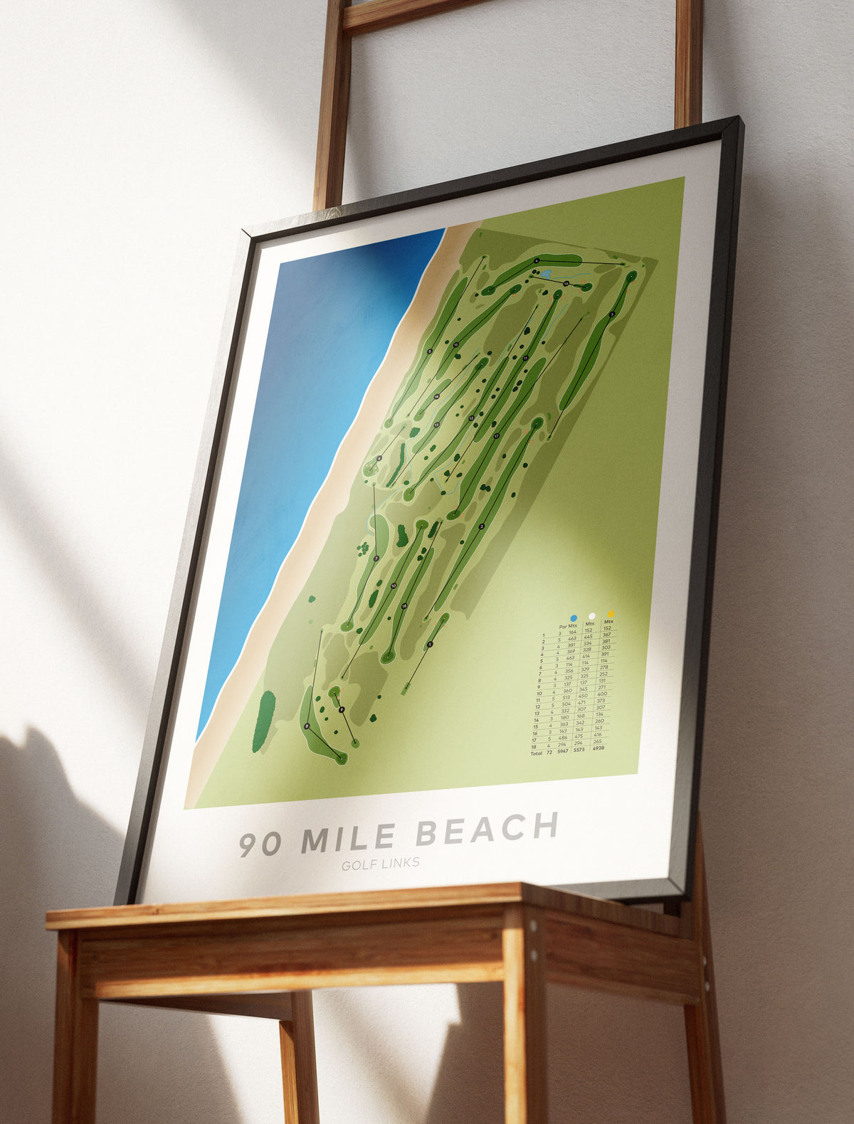 Black framed minimalist fine art map of 90 Mile Beach (Kaitaia) Golf Course, Northland, New Zealand