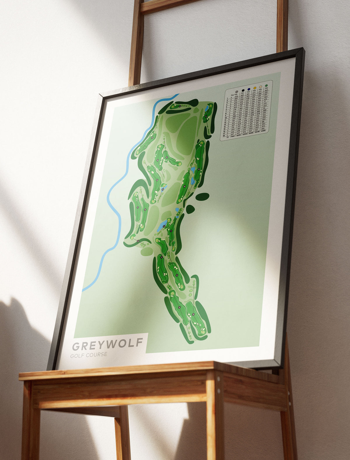 Black framed minimalist fine art map of Greywolf Golf Course, Panorama, British Columbia, Canada