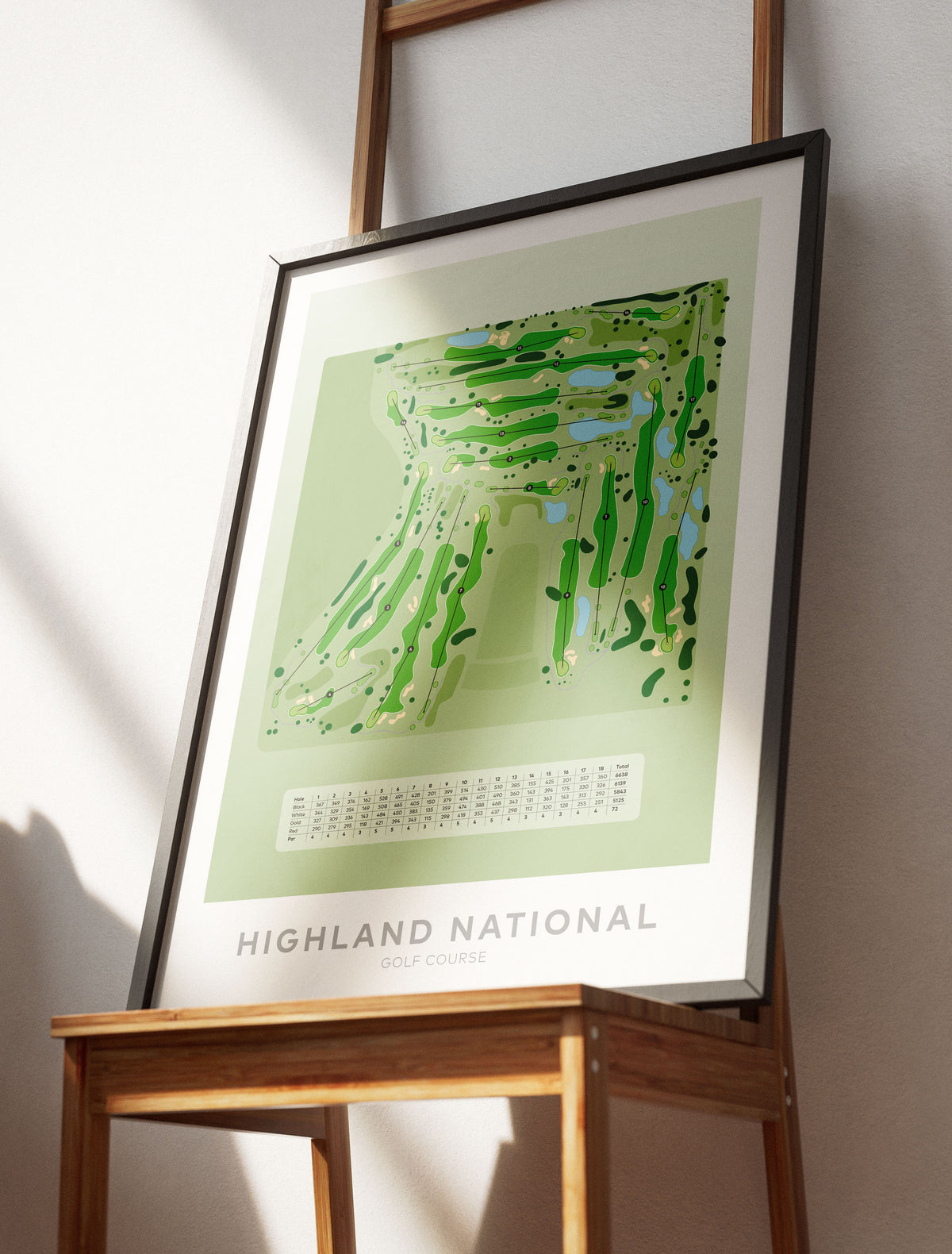Black Framed minimalist golf course map of Highland National Golf Course featuring Minnesota’s most famous golf hazard: the world-renowned Snoopy bunker. 
