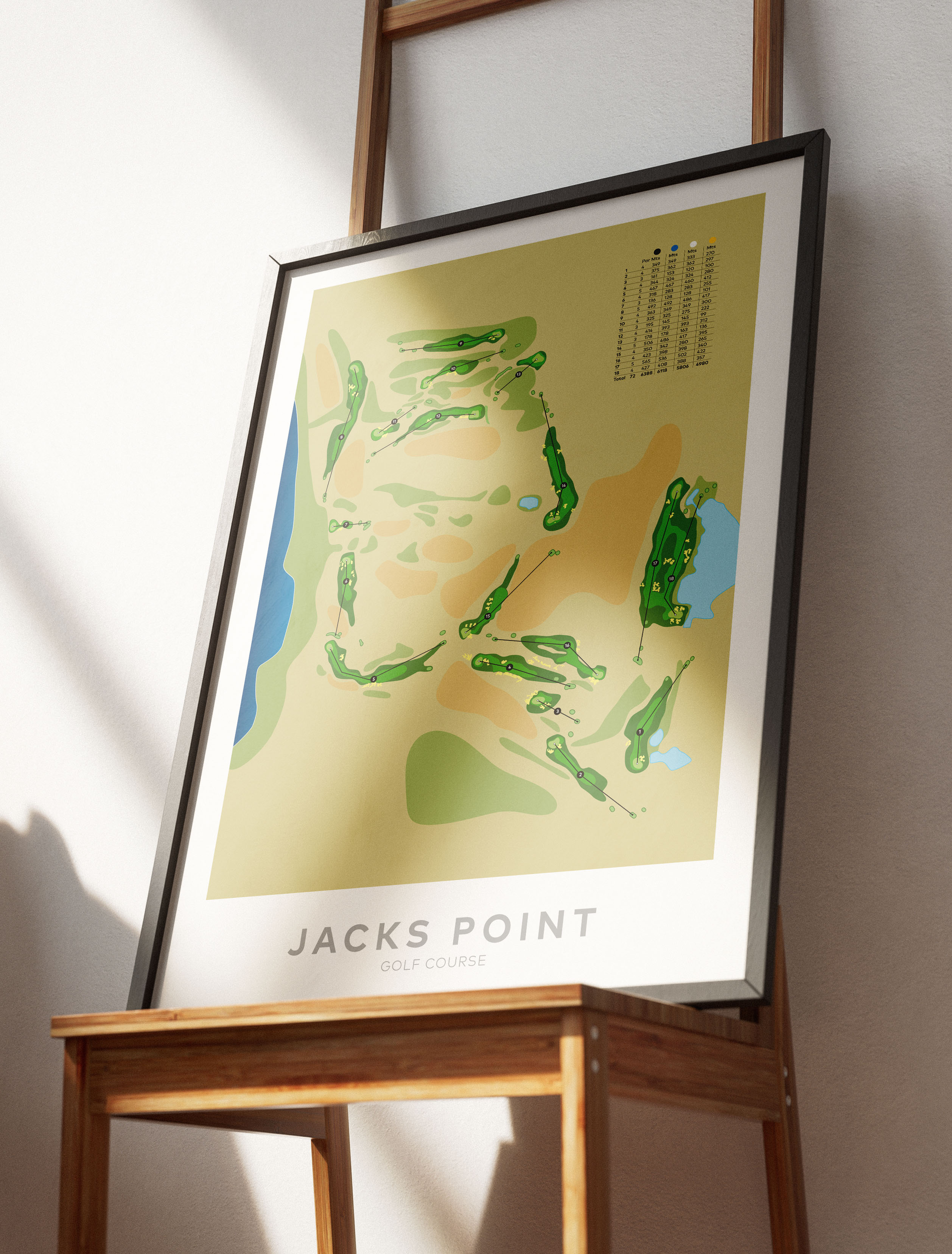 Black framed minimalist fine art map of Jacks Point Golf Course, Queenstown Lakes, Otago, New Zealand