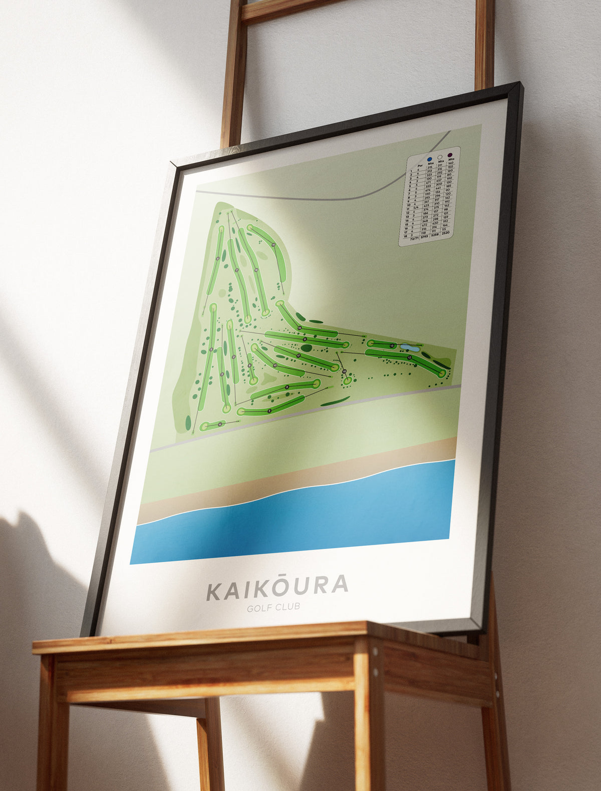 Black framed Minimalist fine art map of Kaikoura Golf Course, Canterbury, New Zealand