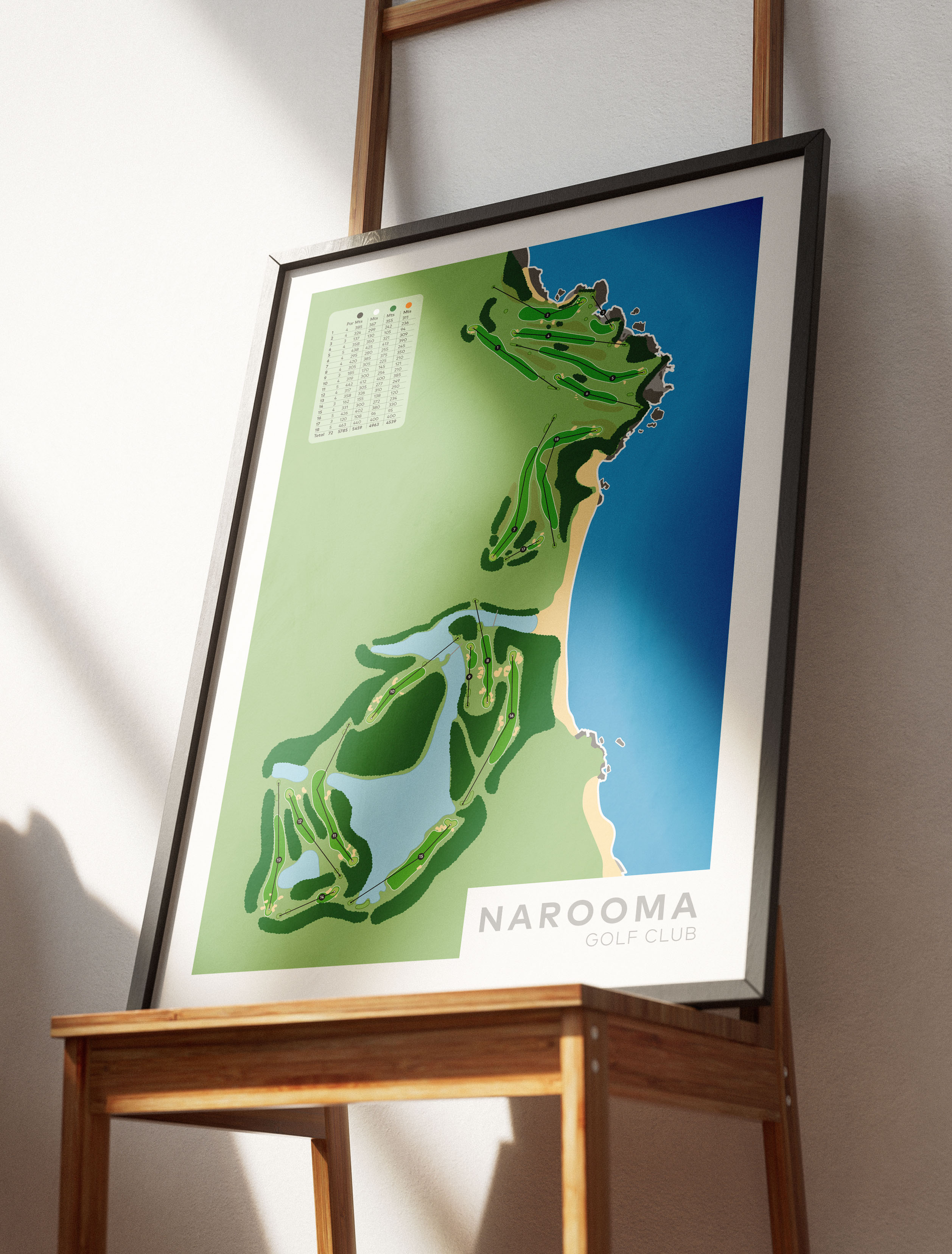 Black framed minimalist fine art map of Narooma Golf Course, Eurobodalla Shire, South Coast Region, Australia-australia-golf-art