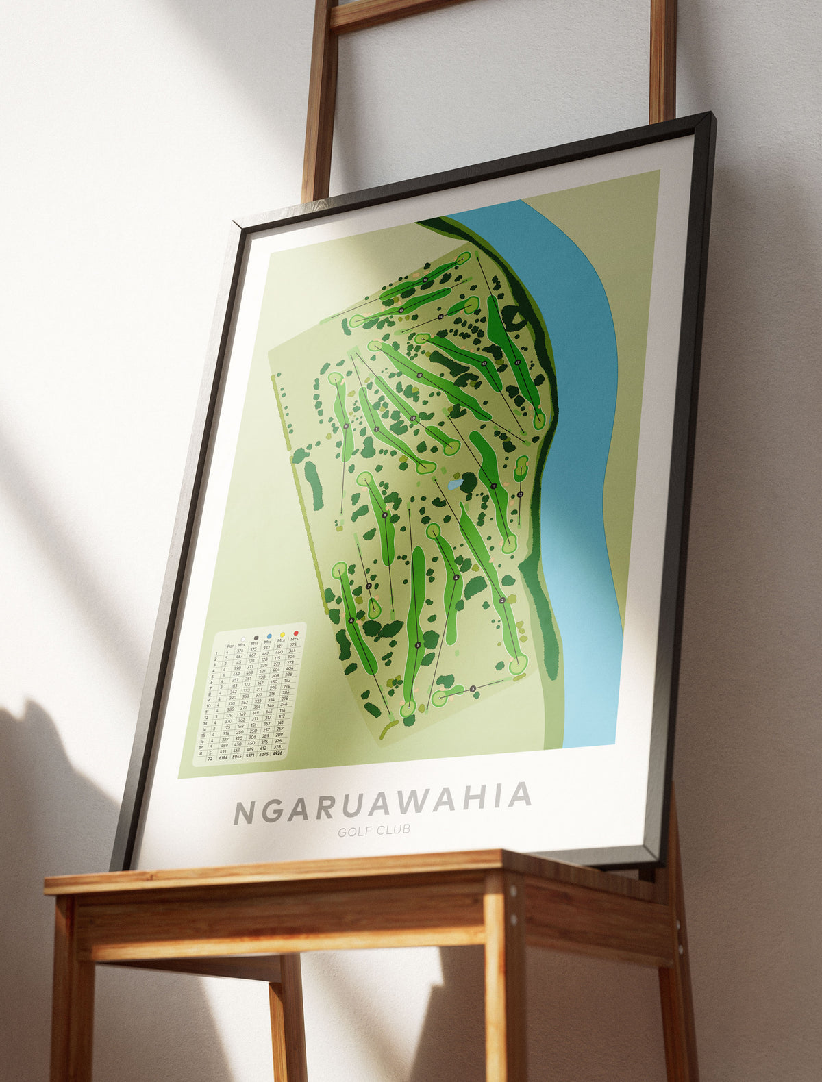 Black framed Minimalist fine art map of Ngaruawahia Golf Course, Hamilton, Waikato, New Zealand