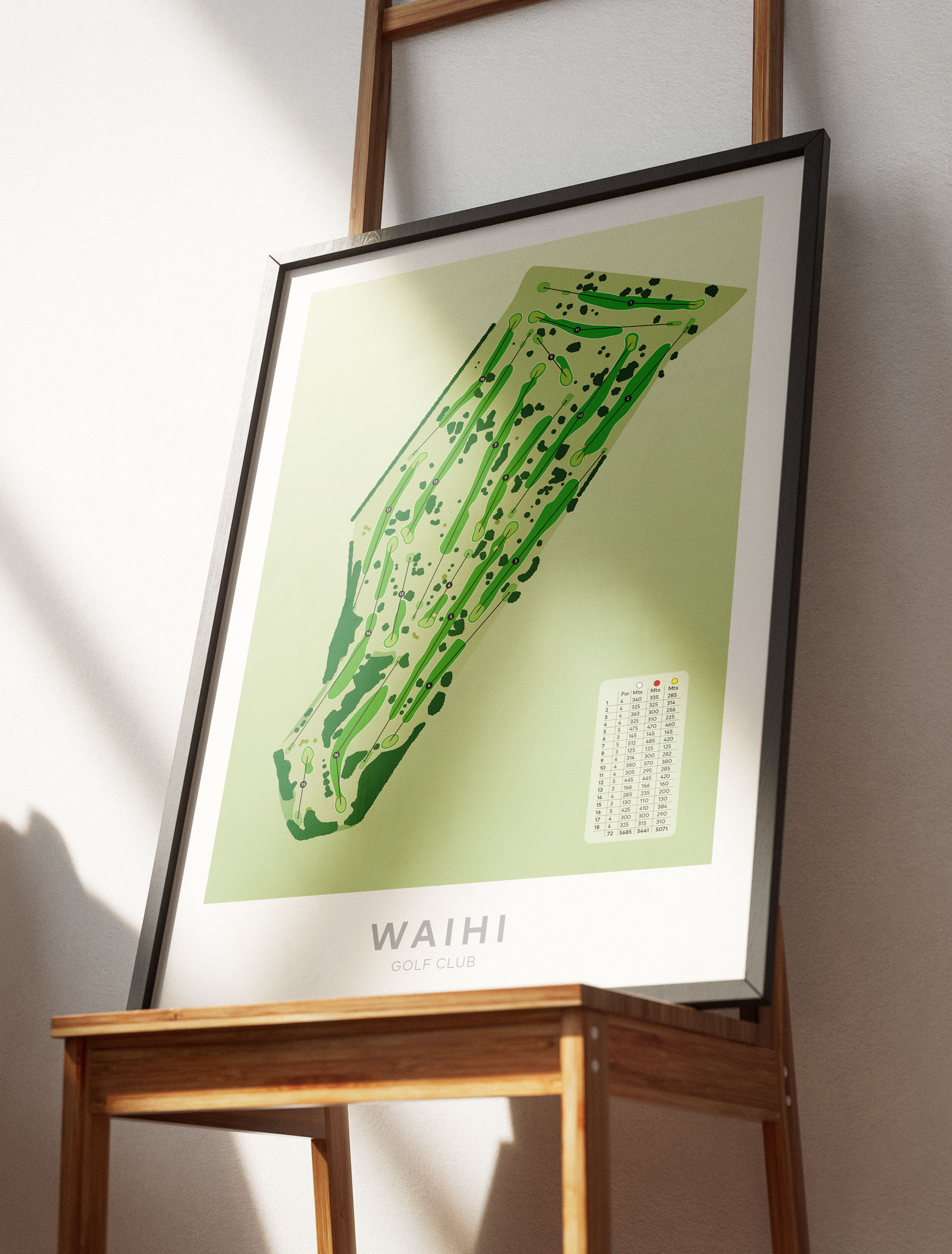 Black framed Minimalist fine art map of Waihi Golf Course, Hauraki District, New Zealand