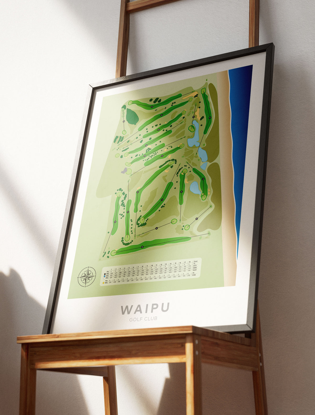 Black framed Minimalist fine art map of Waipu Golf Course, Northland, New Zealand
