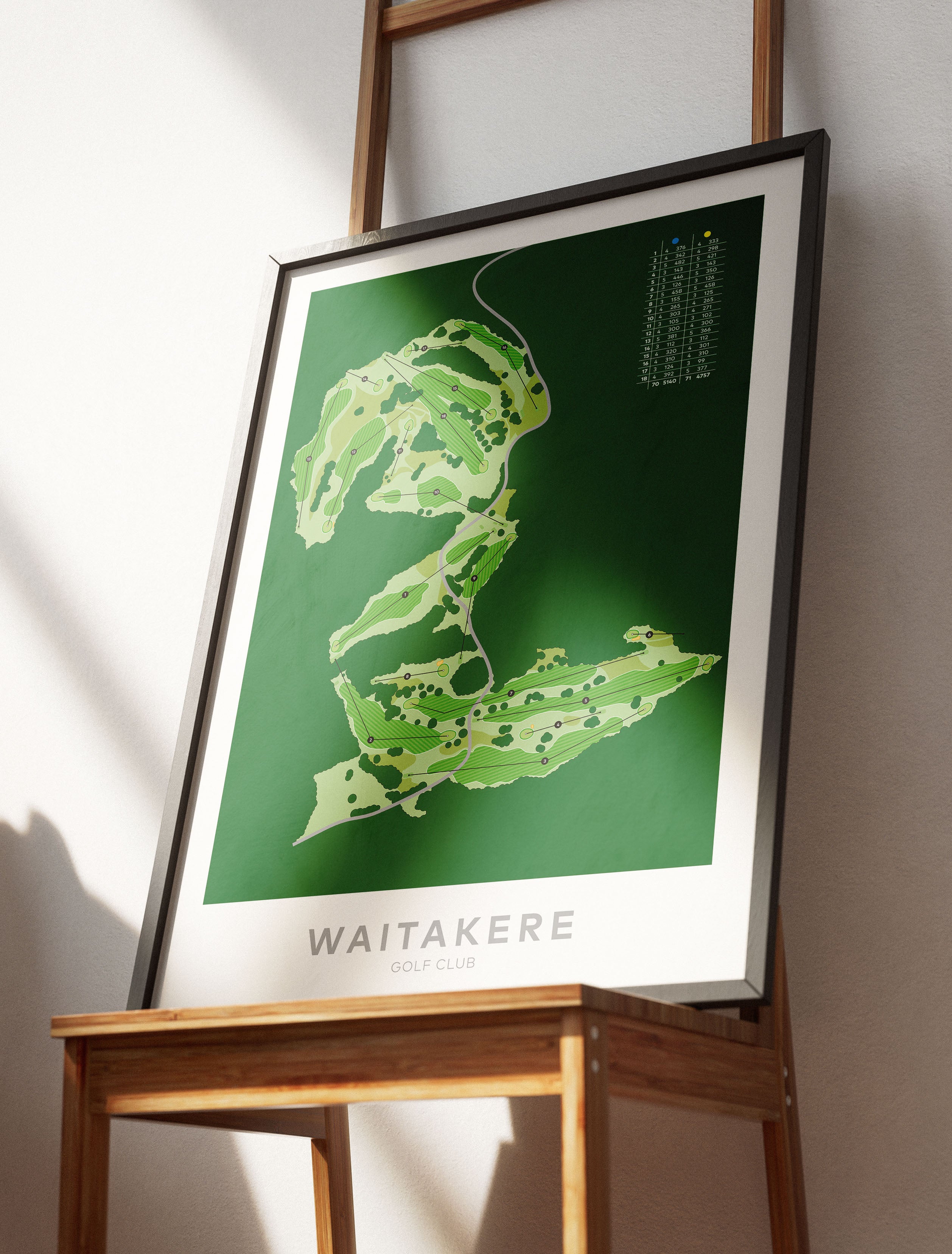 Black framed Minimalist fine art map of Waitakere Golf Course, Auckland, New Zealand
