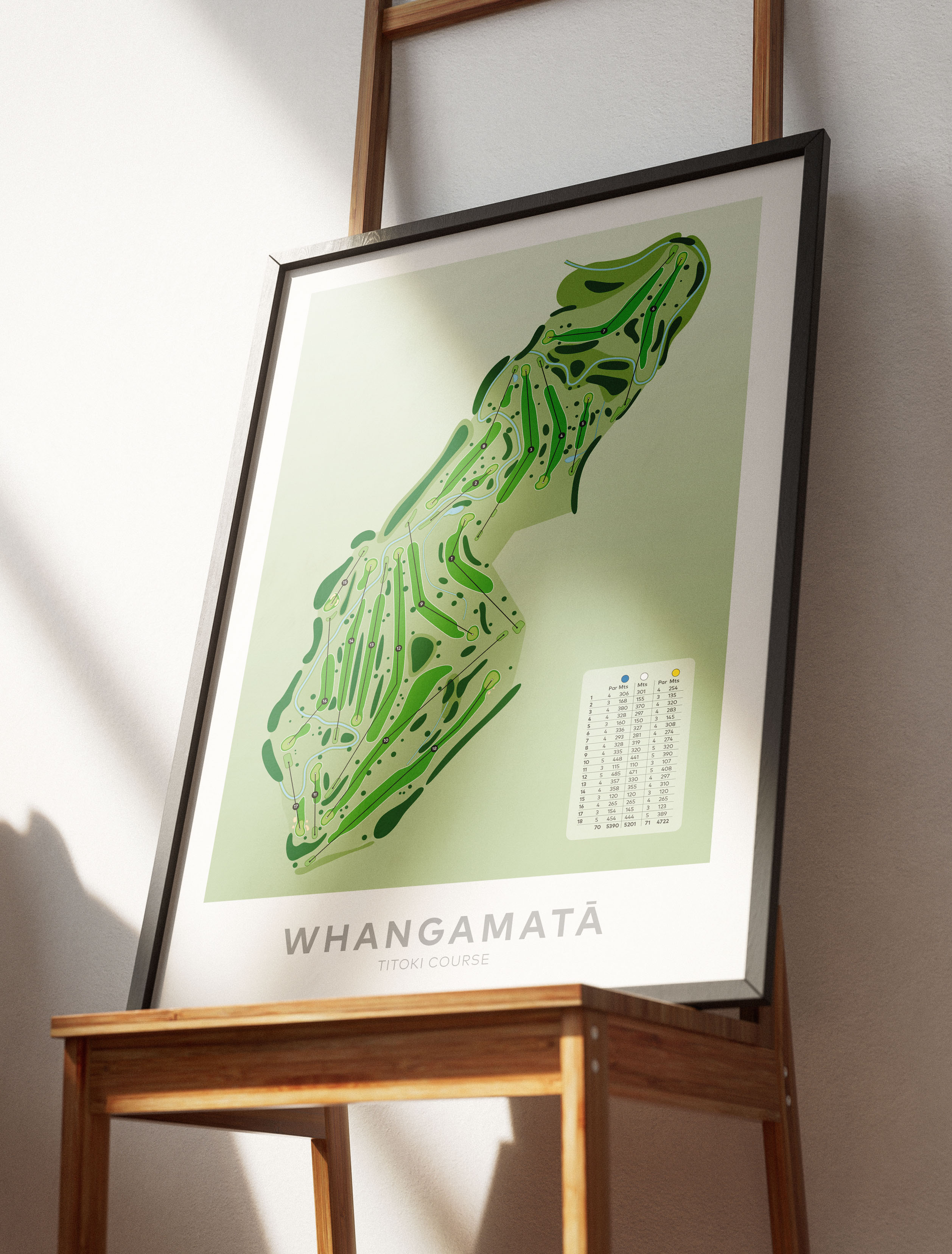 Black Framed minimalist golf course map of Whangamata Titoki Course, perfect wall decor and gift for golfers."