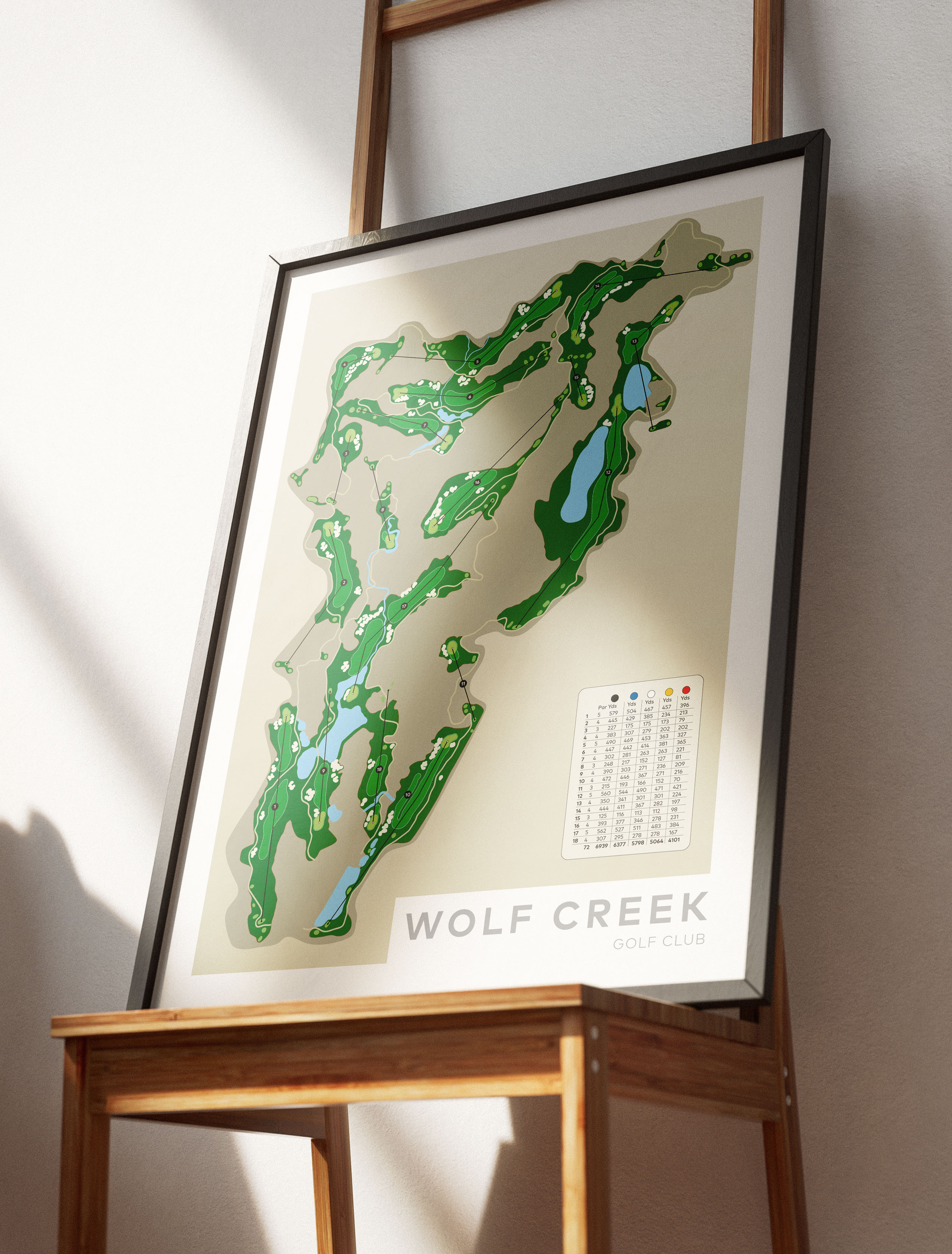 Black framed Minimalist fine art map of Wolf Creek Golf Course, Nevada USA