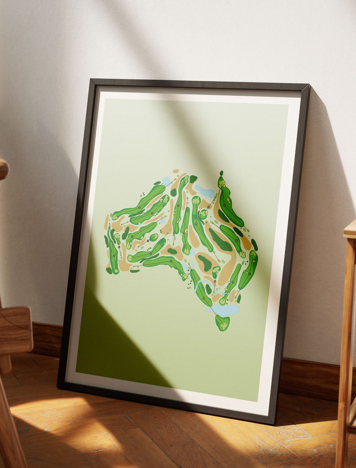 Black framed minimalist fine art map of Australia Golf Course, concept artwork