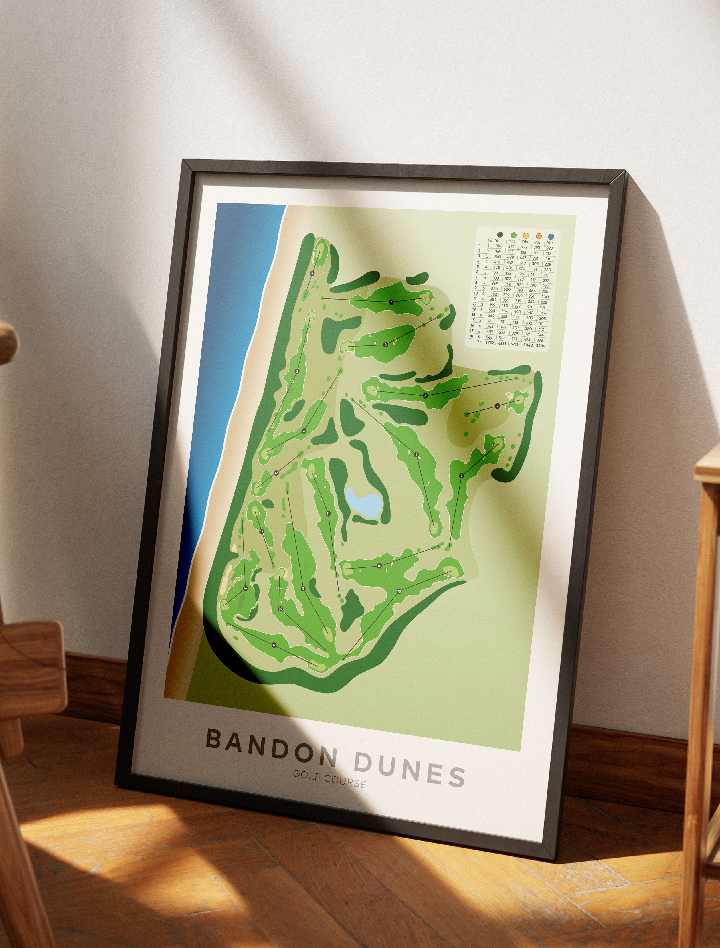 Black framed minimalist fine art map of Bandon Dunes Golf Course, Oregon, Pacific Northwest, Coos Country, USA