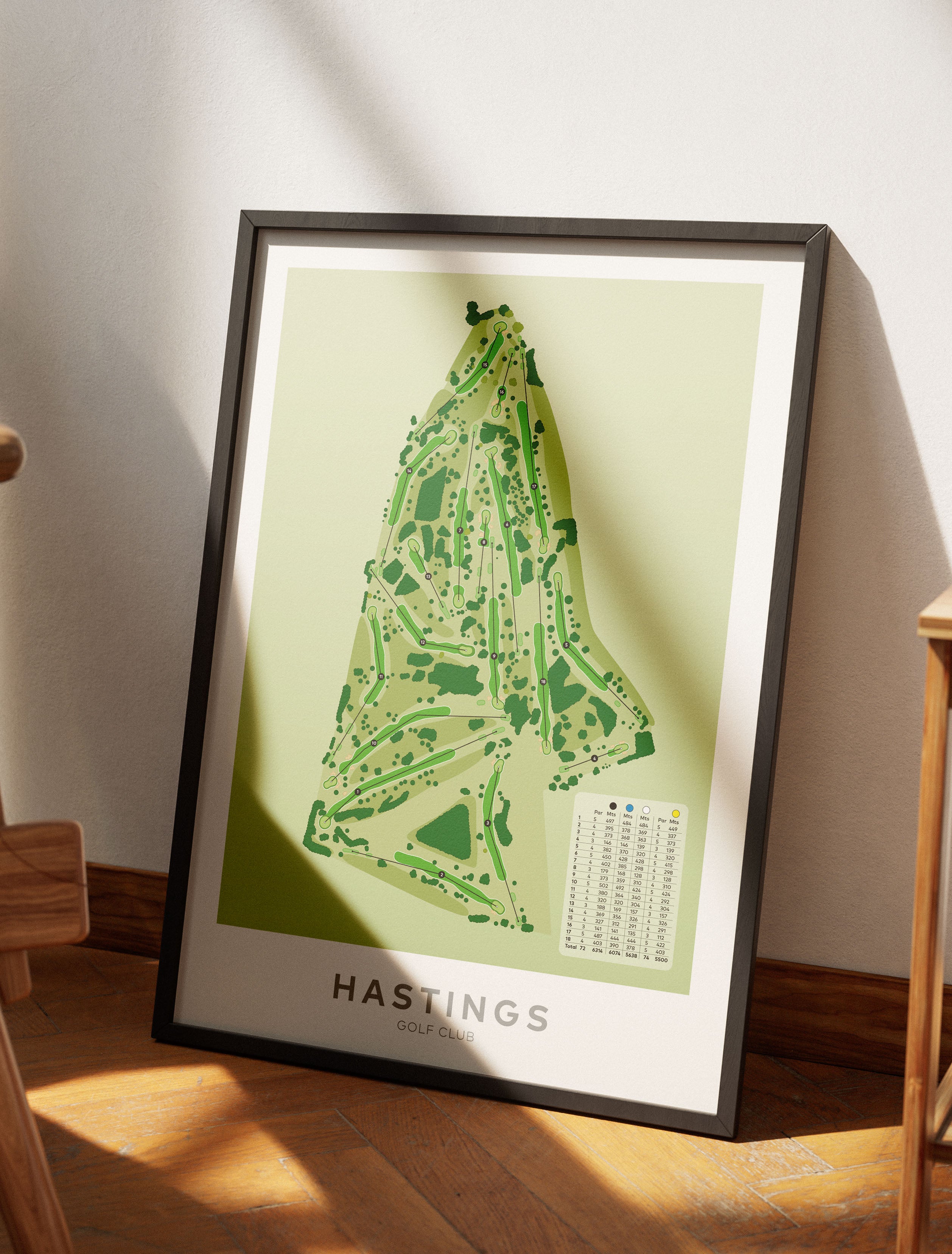 Black framed minimalist fine art map of Hastings Golf Course, Bridge Pa, Hawke’s Bay, New Zealand