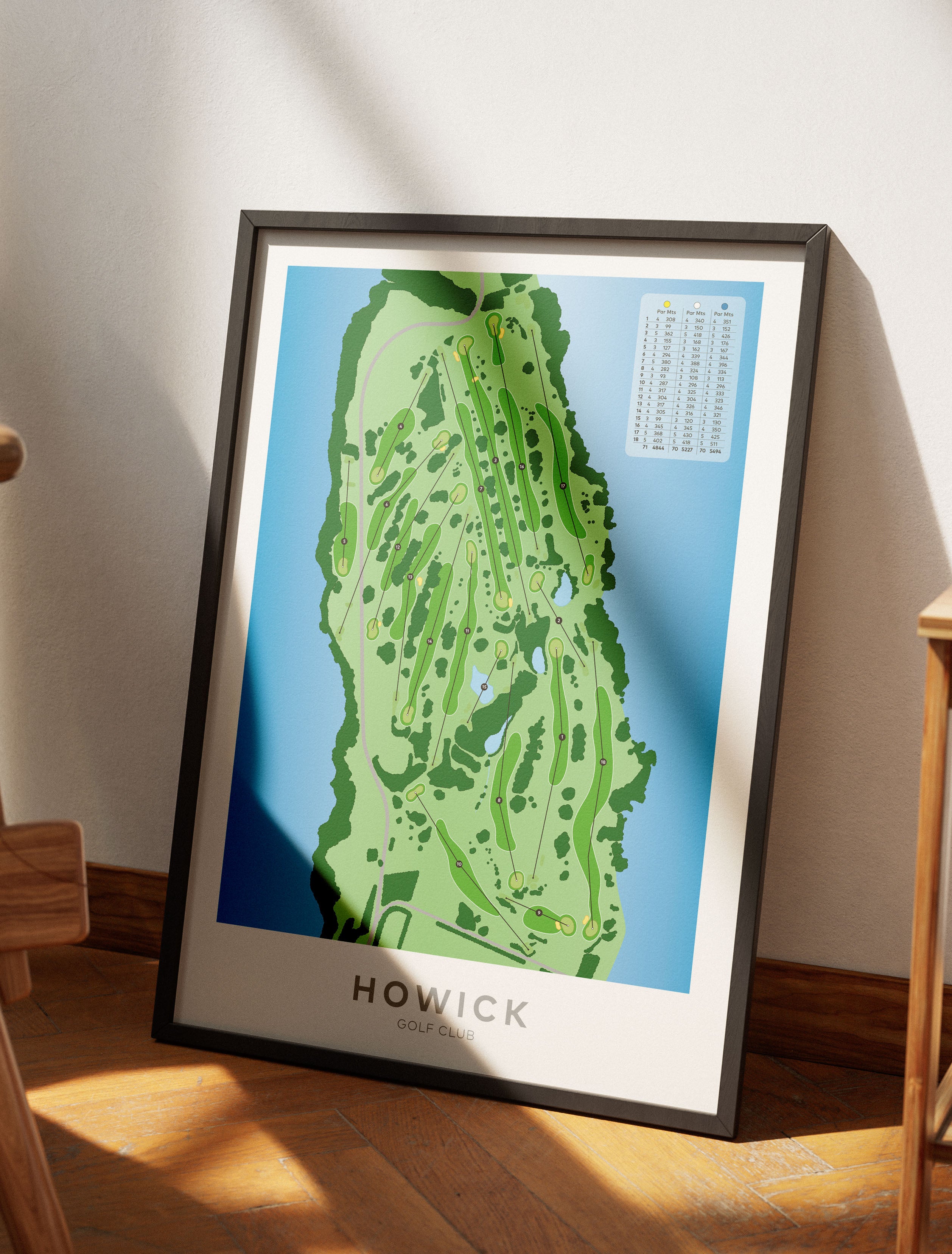 Black framed minimalist fine art map of Howick Golf Course, Auckland, New Zealand