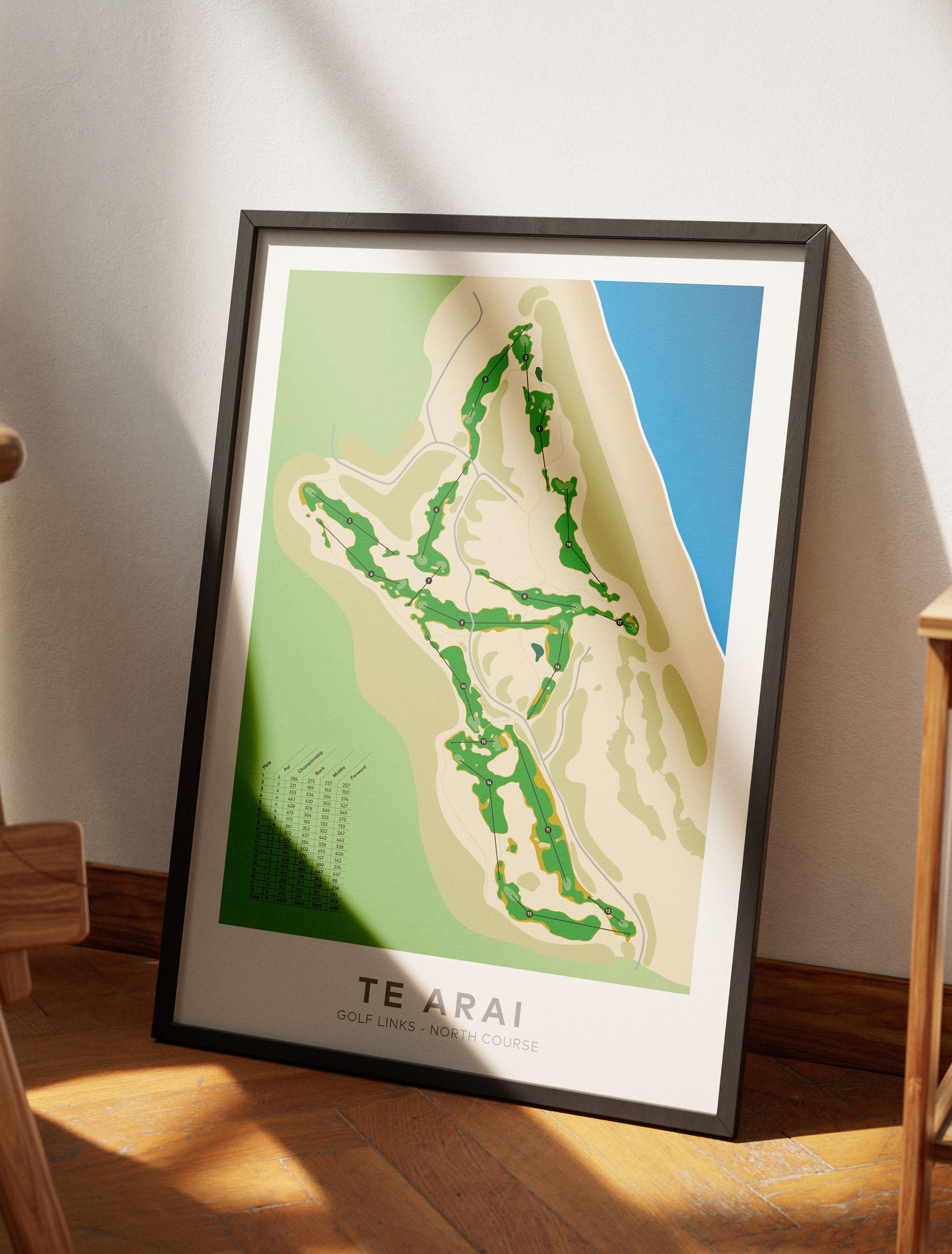 Black framed Minimalist fine art map of Te Arai - North Golf Course, Northland, New Zealand