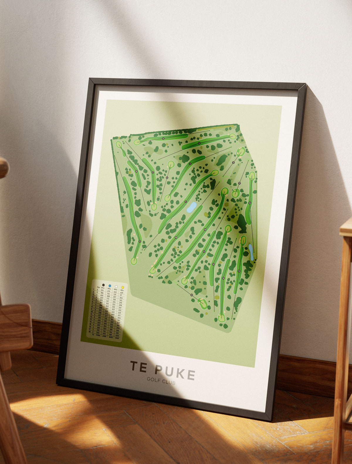 Black framed Minimalist fine art map of Te Puke Golf Course, Bay of Plenty, New Zealand