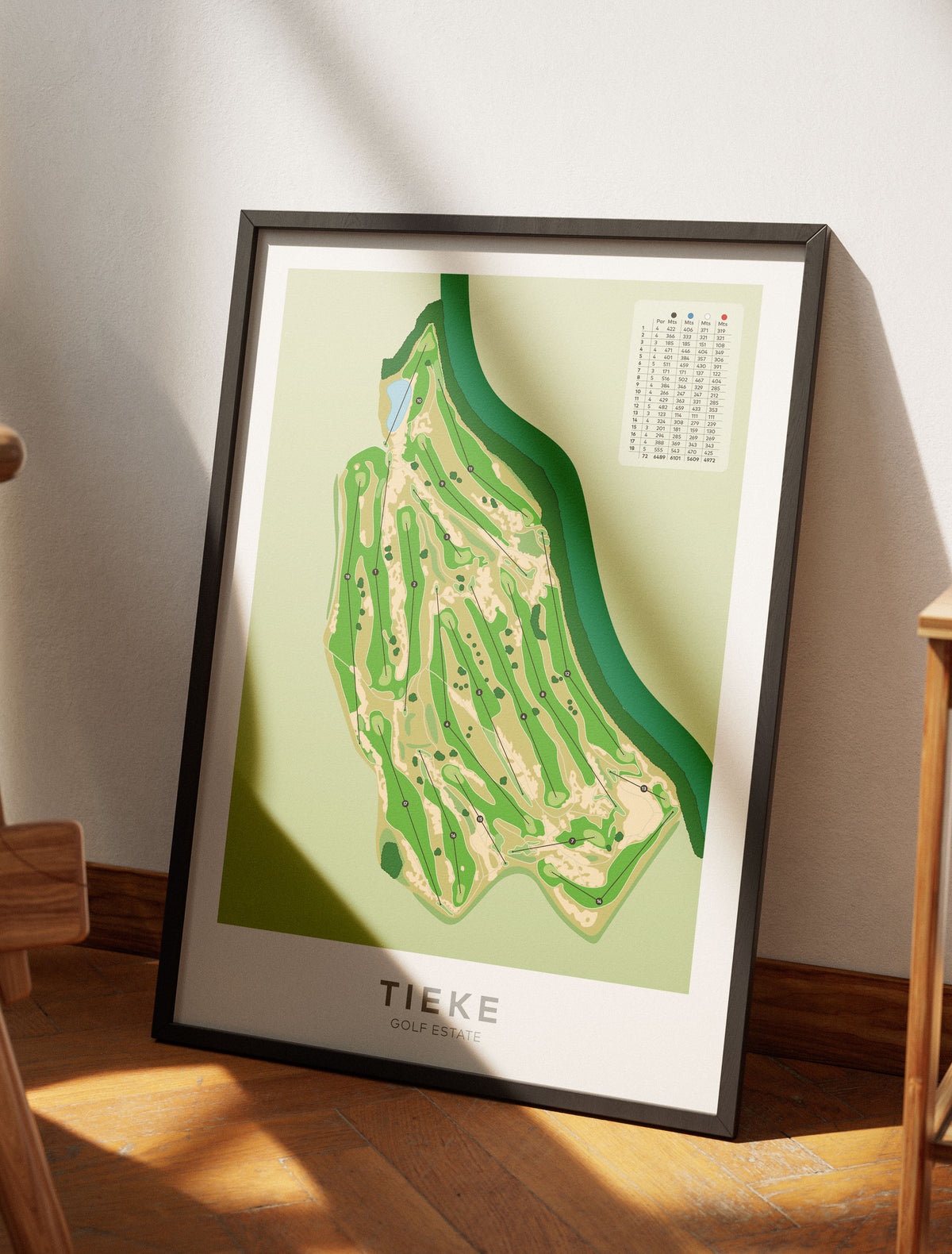 Black framed Minimalist fine art map of Tieke Golf Course, Hamilton, Waikato, New Zealand