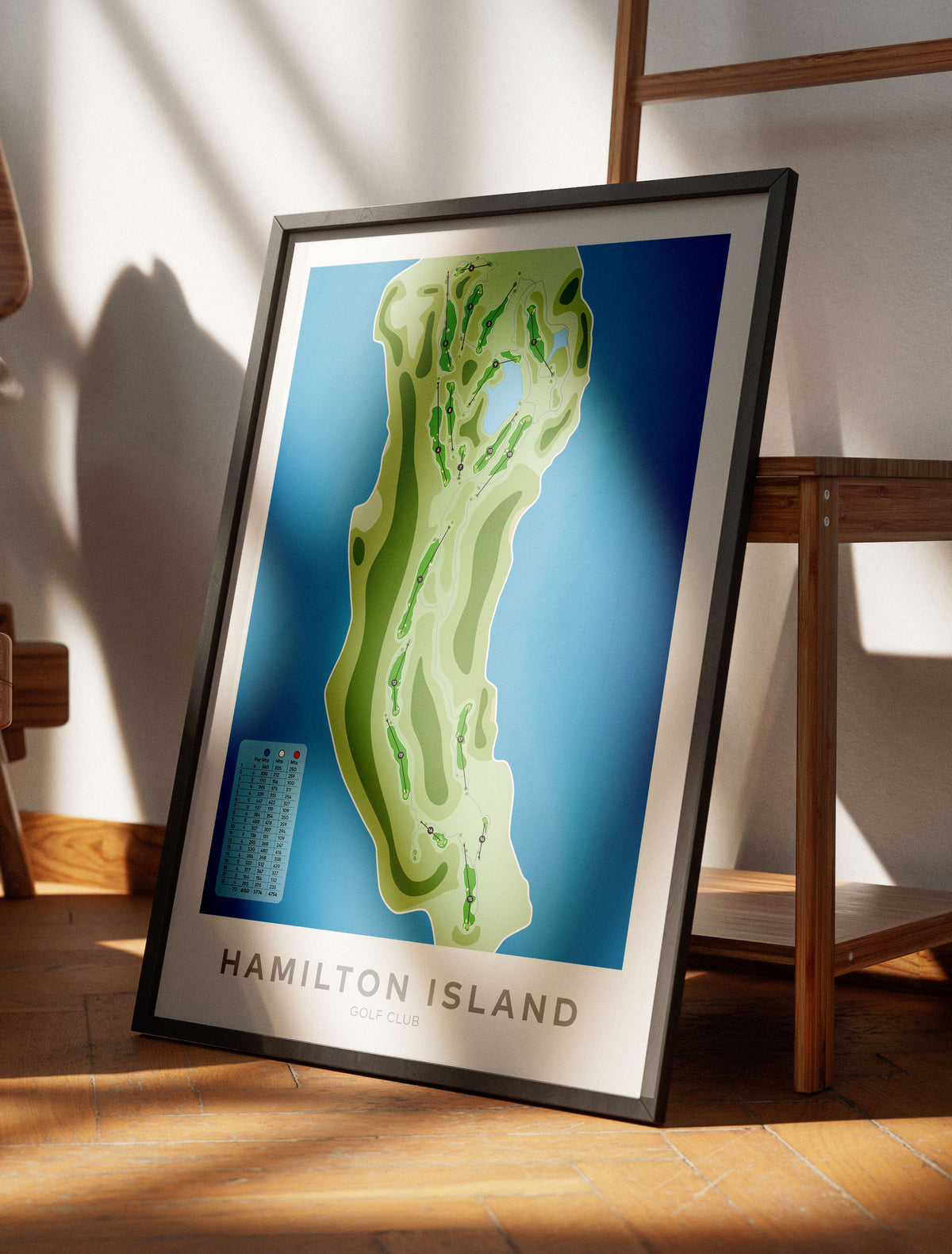 Black framed minimalist fine art map of Hamilton Island Golf Course, Dent Island, Whitsundays, Queensland, Australia-australia-golf-art