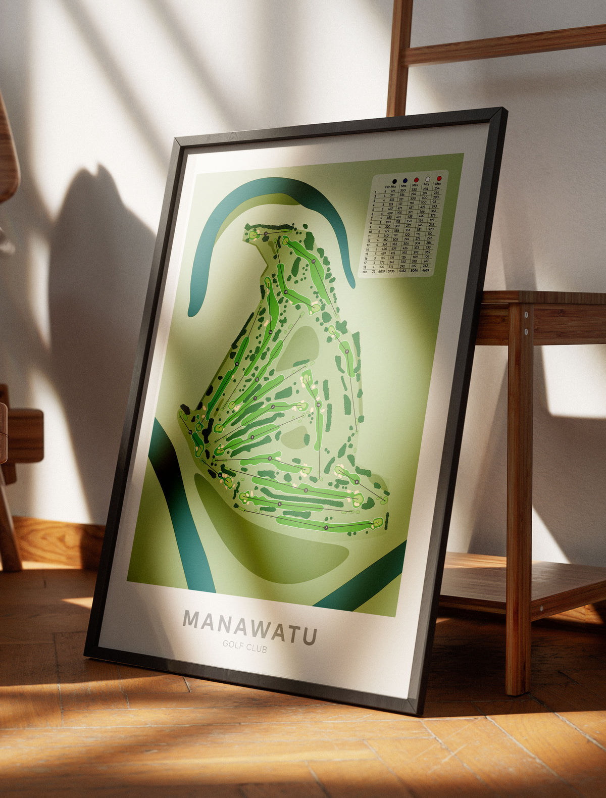 Black framed minimalist fine art map of Manawatu Golf Course, Palmerston North, Taranaki, New Zealand.
