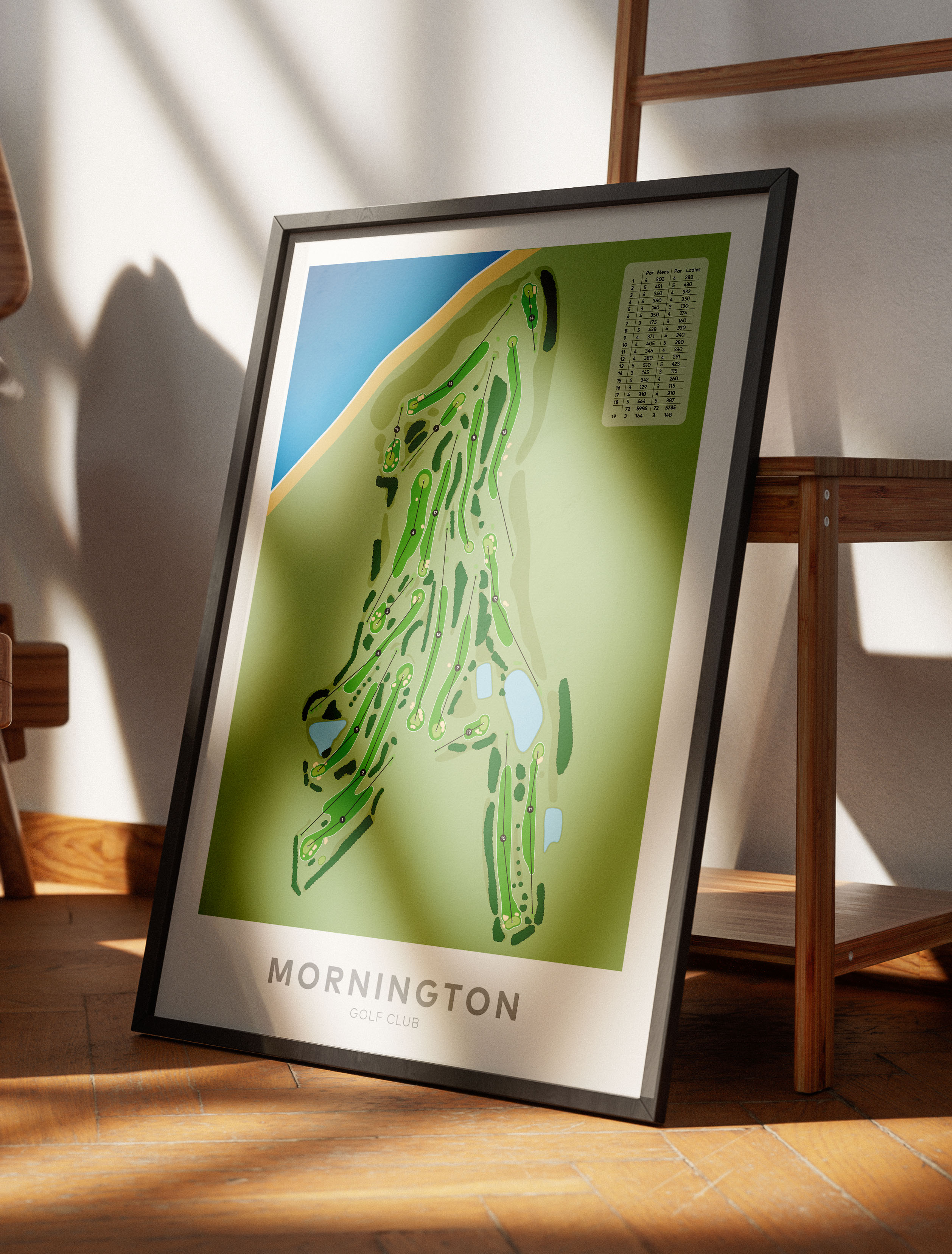 Black framed minimalist fine art map of Mornington (VIC) Golf Course, Melbourne, Victoria, Australia-australia-golf-art