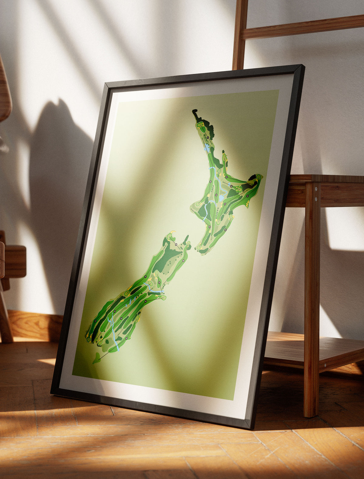 Black framed Minimalist fine art map of New Zealand Golf Course concept artwork