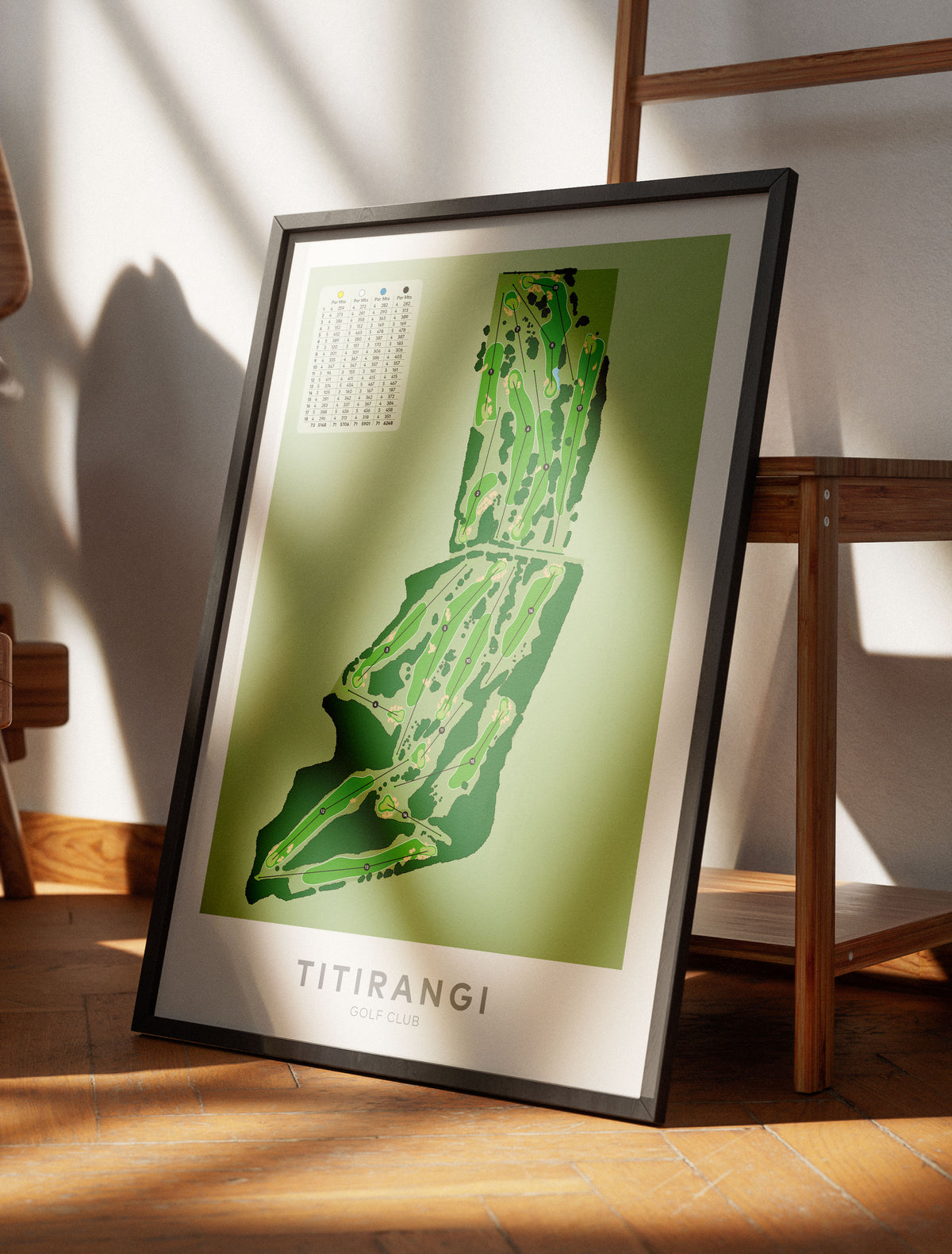 Black framed Minimalist fine art map of Titirangi Golf Course, Auckland, New Zealand