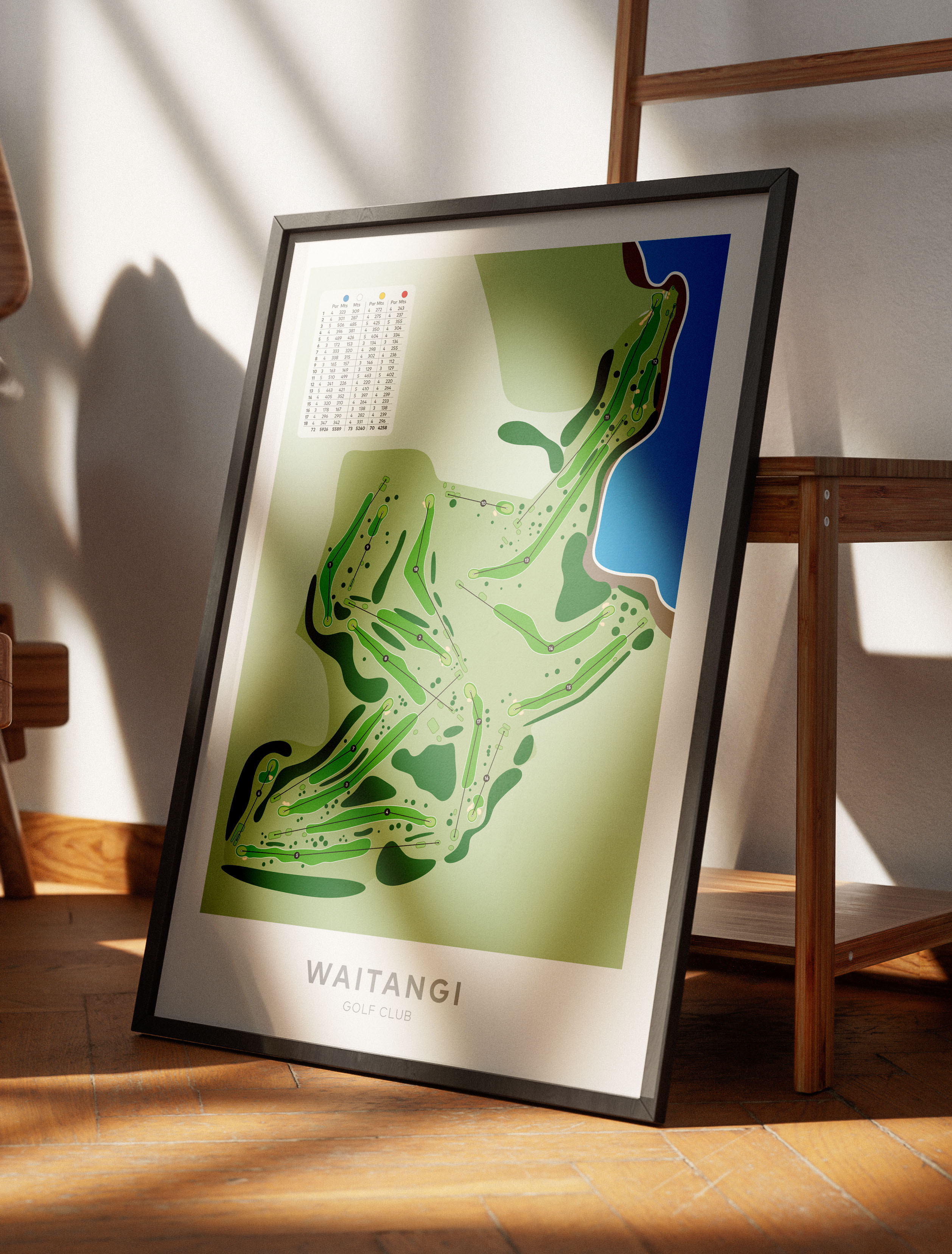 Black framed Minimalist fine art map of Waitangi Golf Course, Northland, New Zealand
