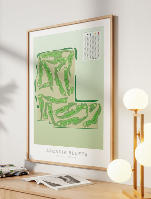 Oak framed minimalist fine art map of Arcadia Bluffs South Golf Course, Michigan, Midwest, Manistee County, USA