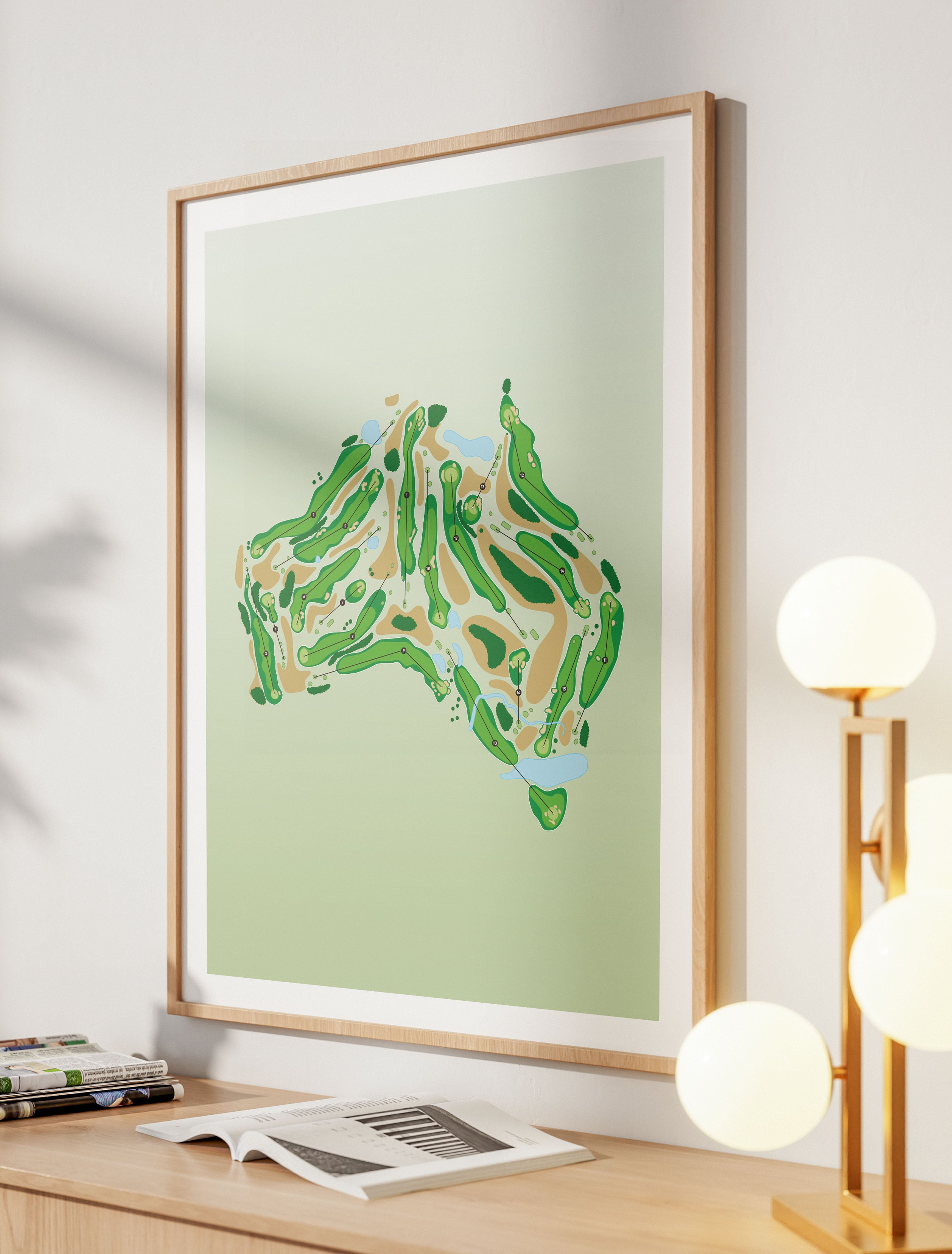 Black framed minimalist fine art map of Australia Golf Course, concept artwork