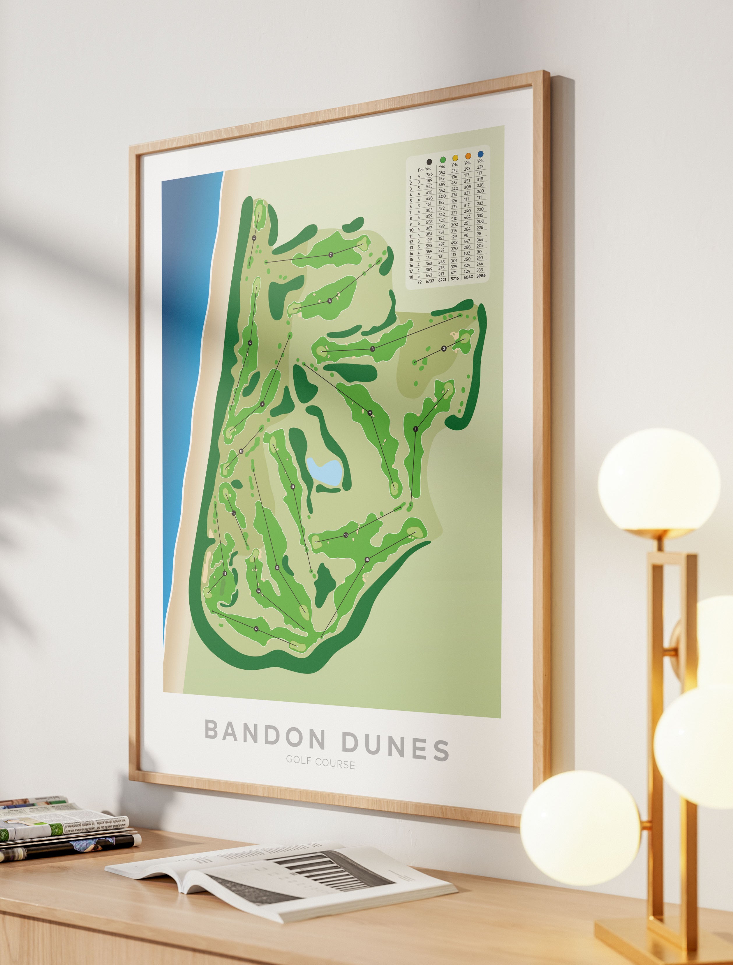 Oak framed minimalist fine art map of Bandon Dunes Golf Course, Oregon, Pacific Northwest, Coos Country, USA