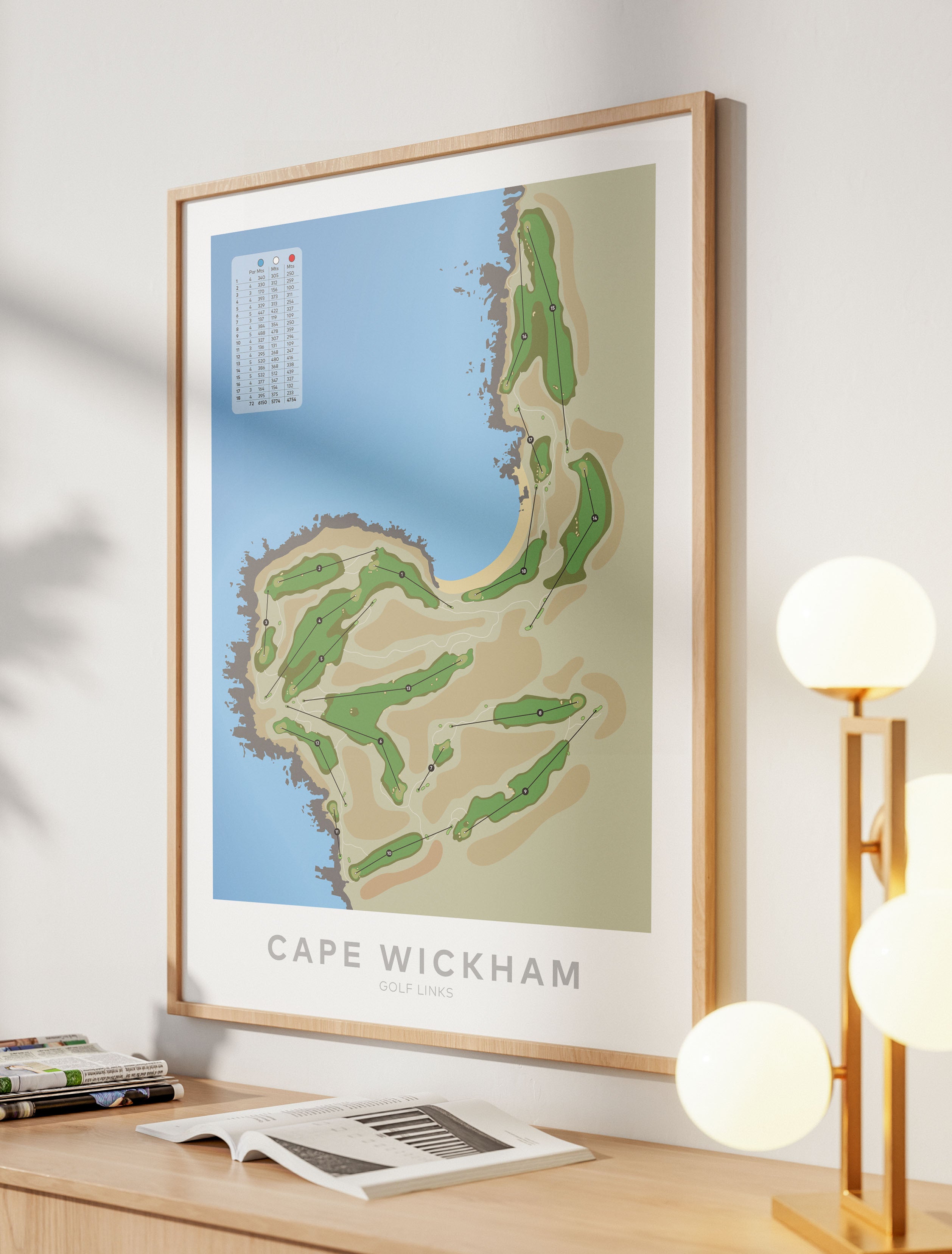 Oak framed minimalist fine art map of Cape Wickham Golf Course, Tasmania, King Island, Australia--australia-golf-art