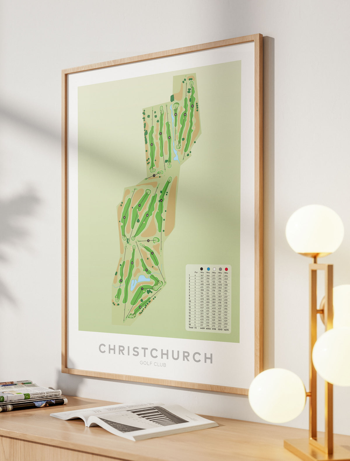 Oak framed minimalist fine art map of Christchurch Golf Course, ChCh, Canterbury, New Zealand