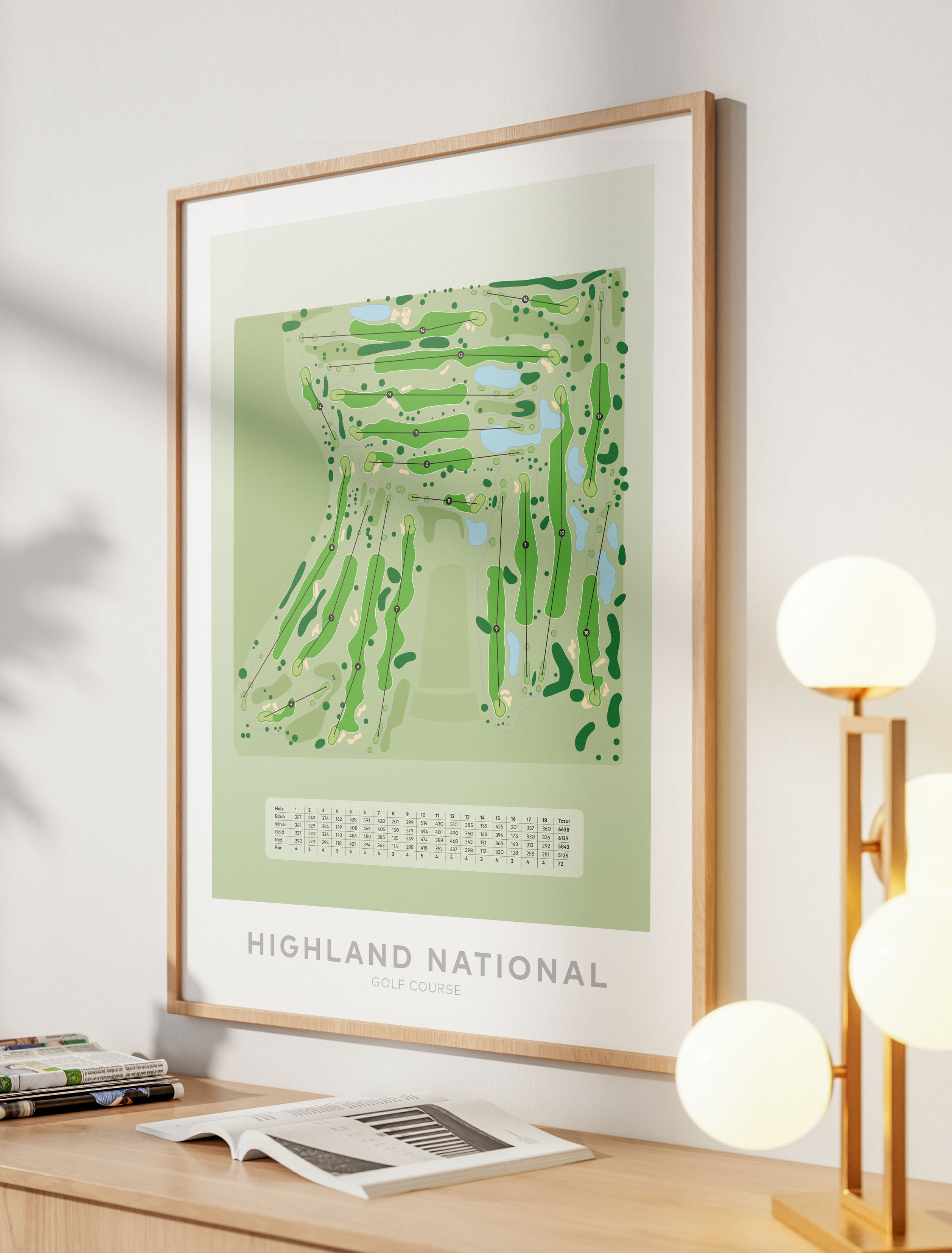 Oak Framed minimalist golf course map of Highland National Golf Course featuring Minnesota’s most famous golf hazard: the world-renowned Snoopy bunker. 