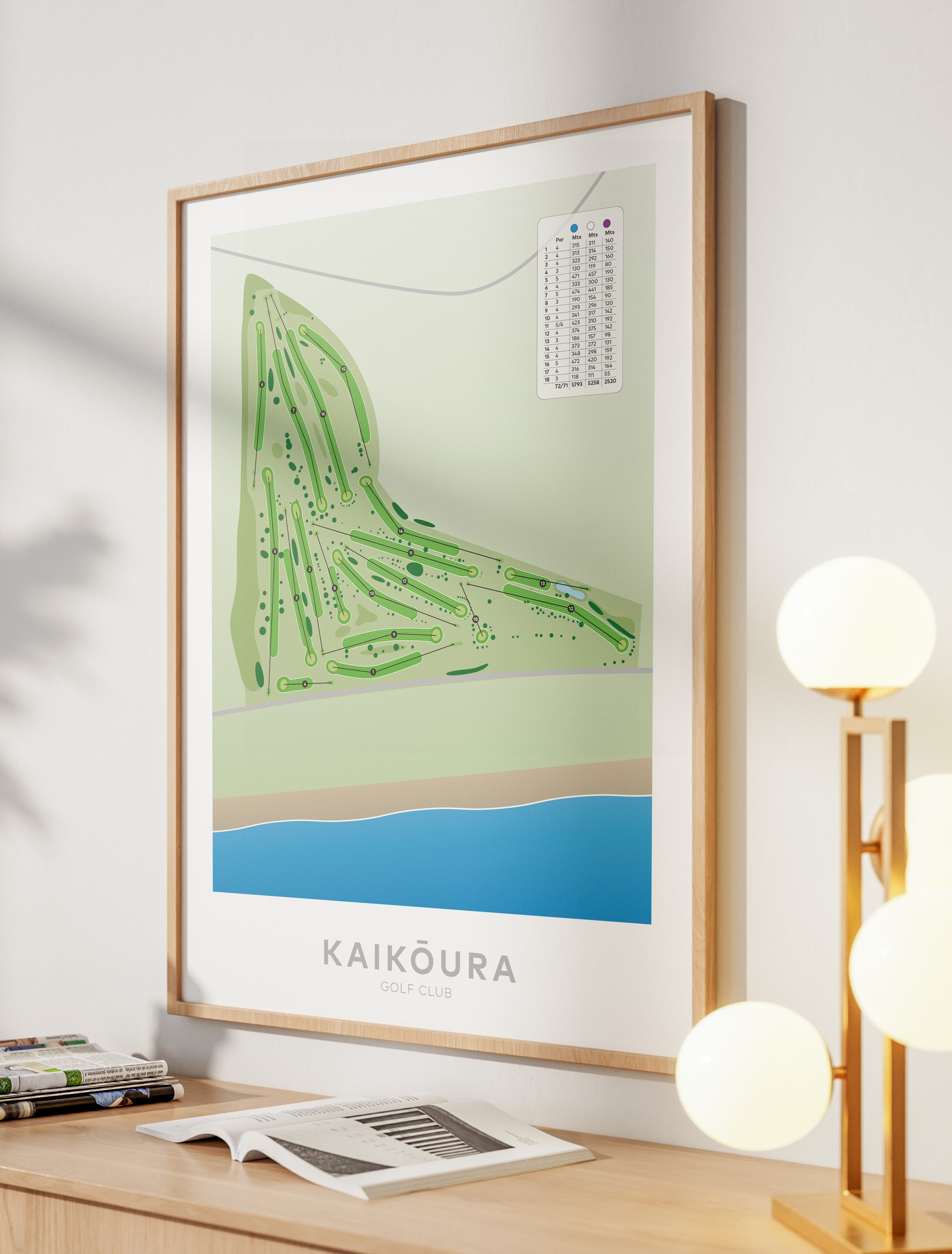 Oak framed Minimalist fine art map of Kaikoura Golf Course, Canterbury, New Zealand