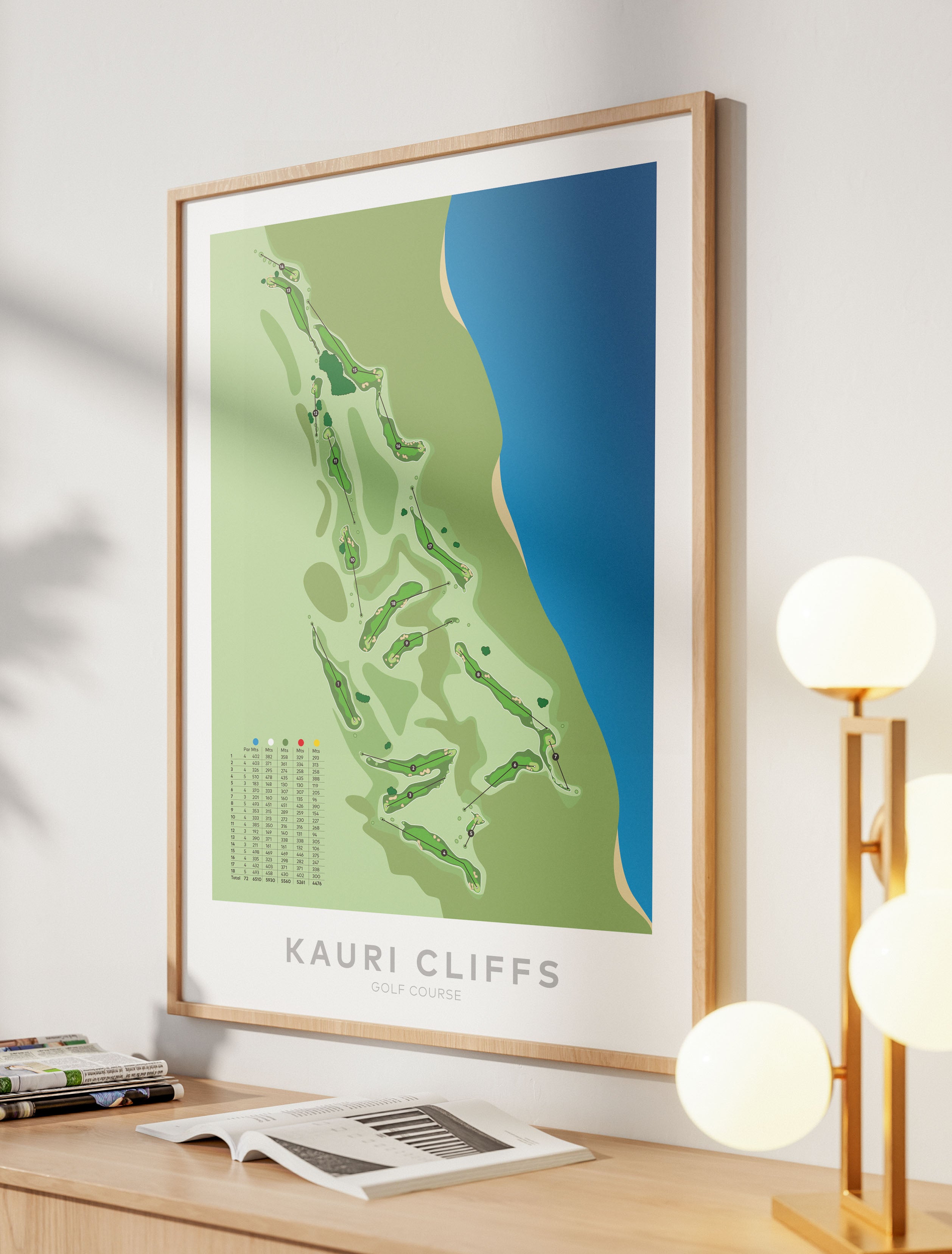 Oak framed minimalist fine art map of Kauri Cliffs Golf Course, Northland, New Zealand
