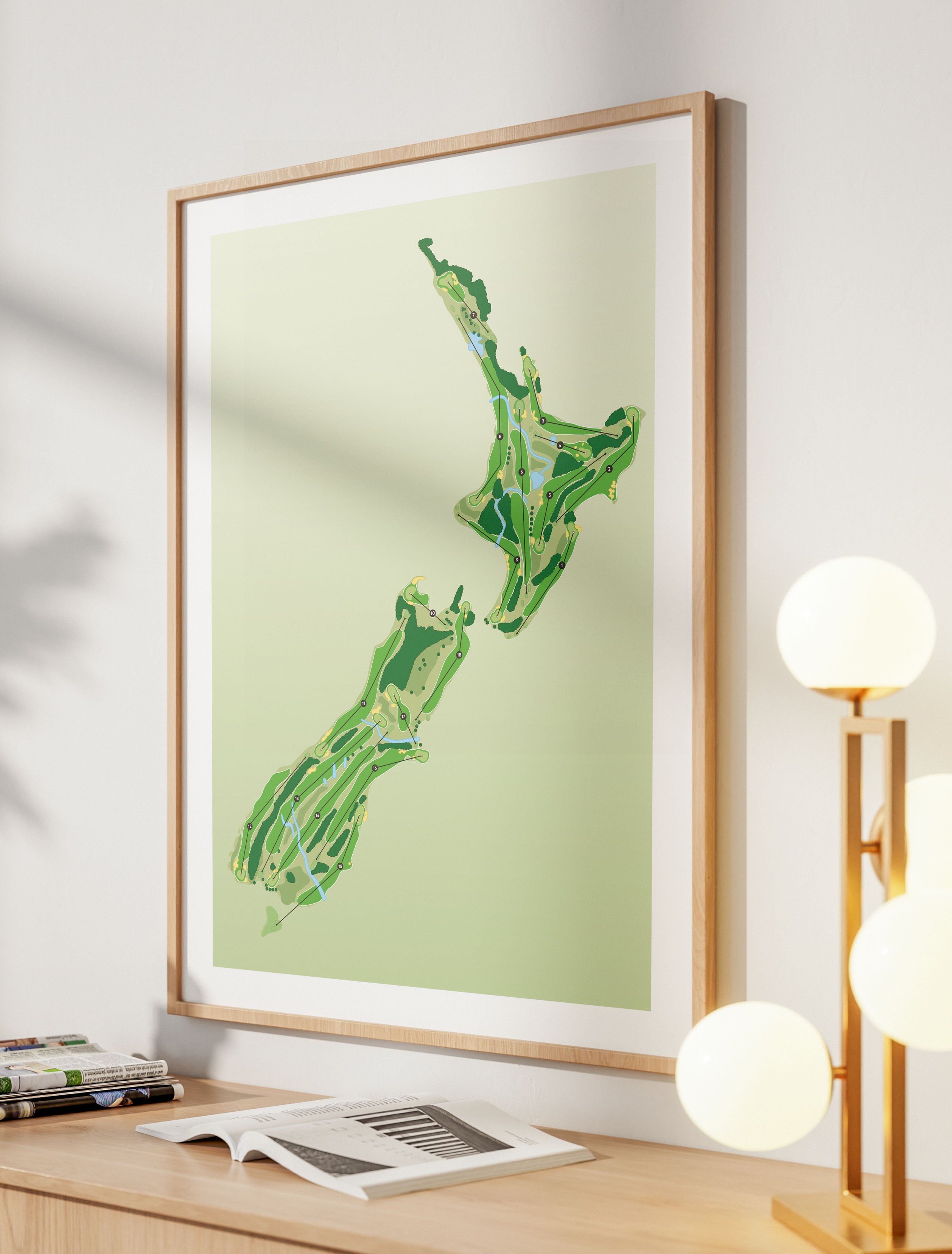 Oak framed Minimalist fine art map of New Zealand Golf Course concept artwork