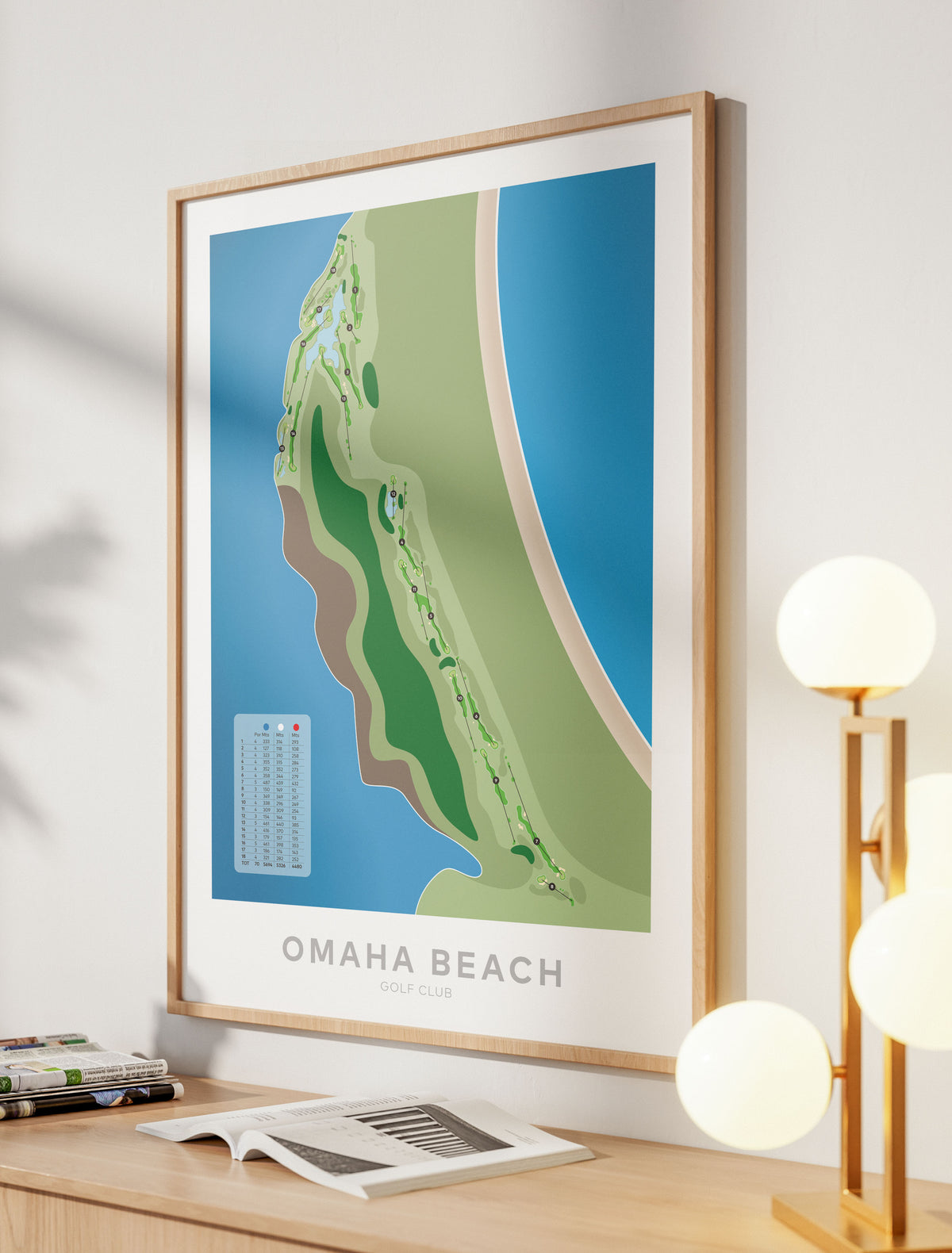 Oak framed Minimalist fine art map of Omaha Beach Golf Course, near Auckland, New Zealand