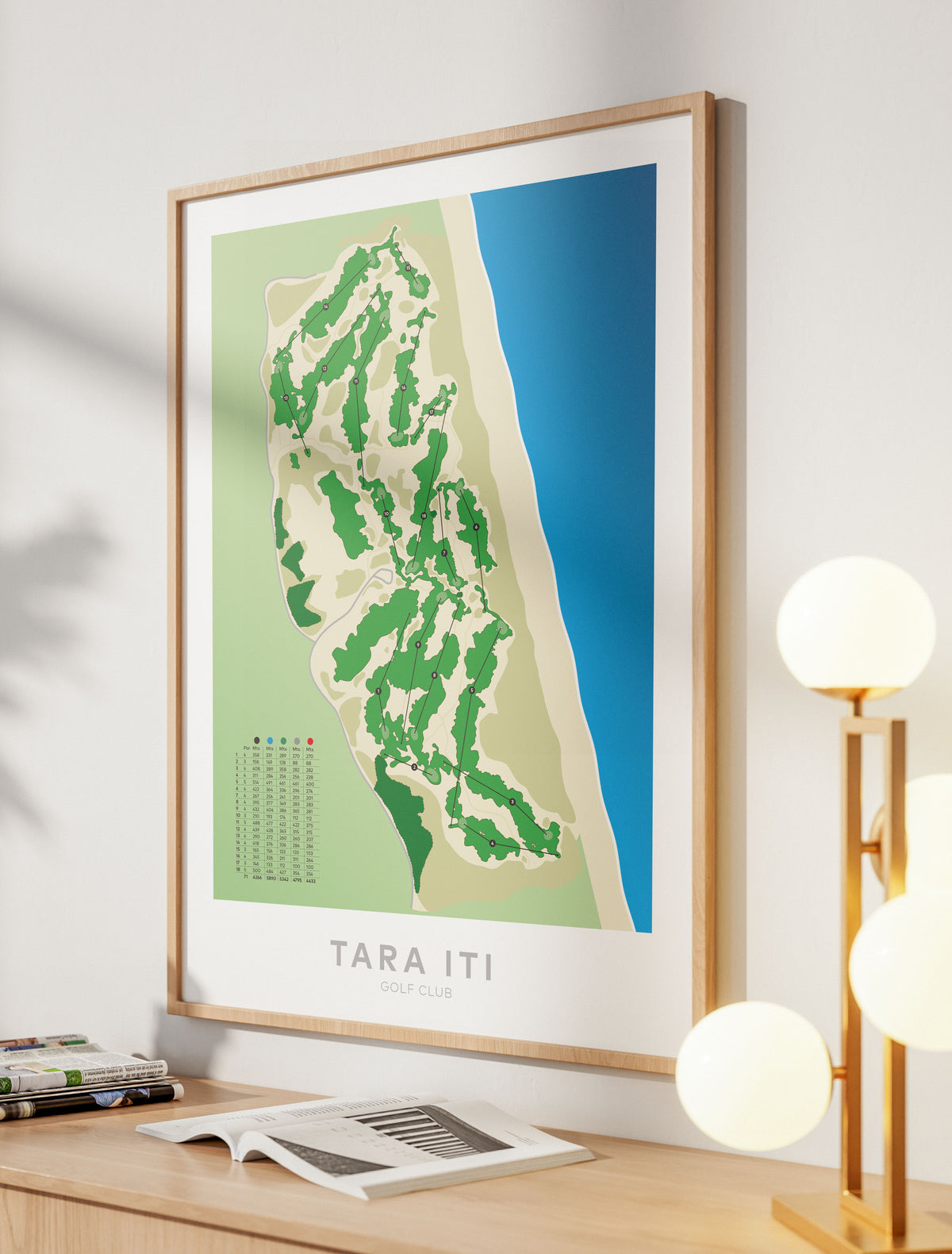 Oak framed Minimalist fine art map of Tara Iti Golf Course, Northland, New Zealand
