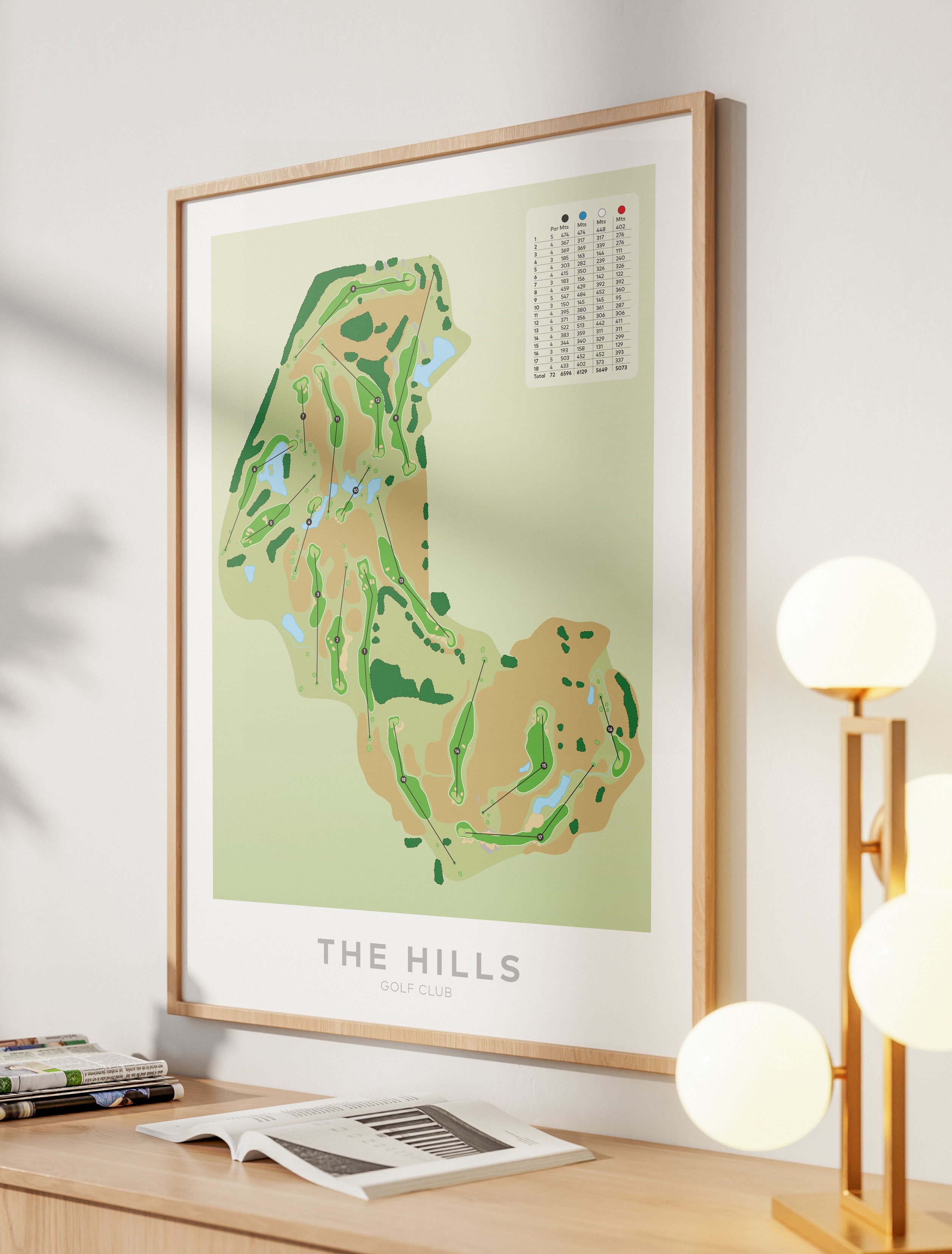 Oak framed Minimalist fine art map of The Hills Golf Course, Queenstown Lakes region, Otago, New Zealand