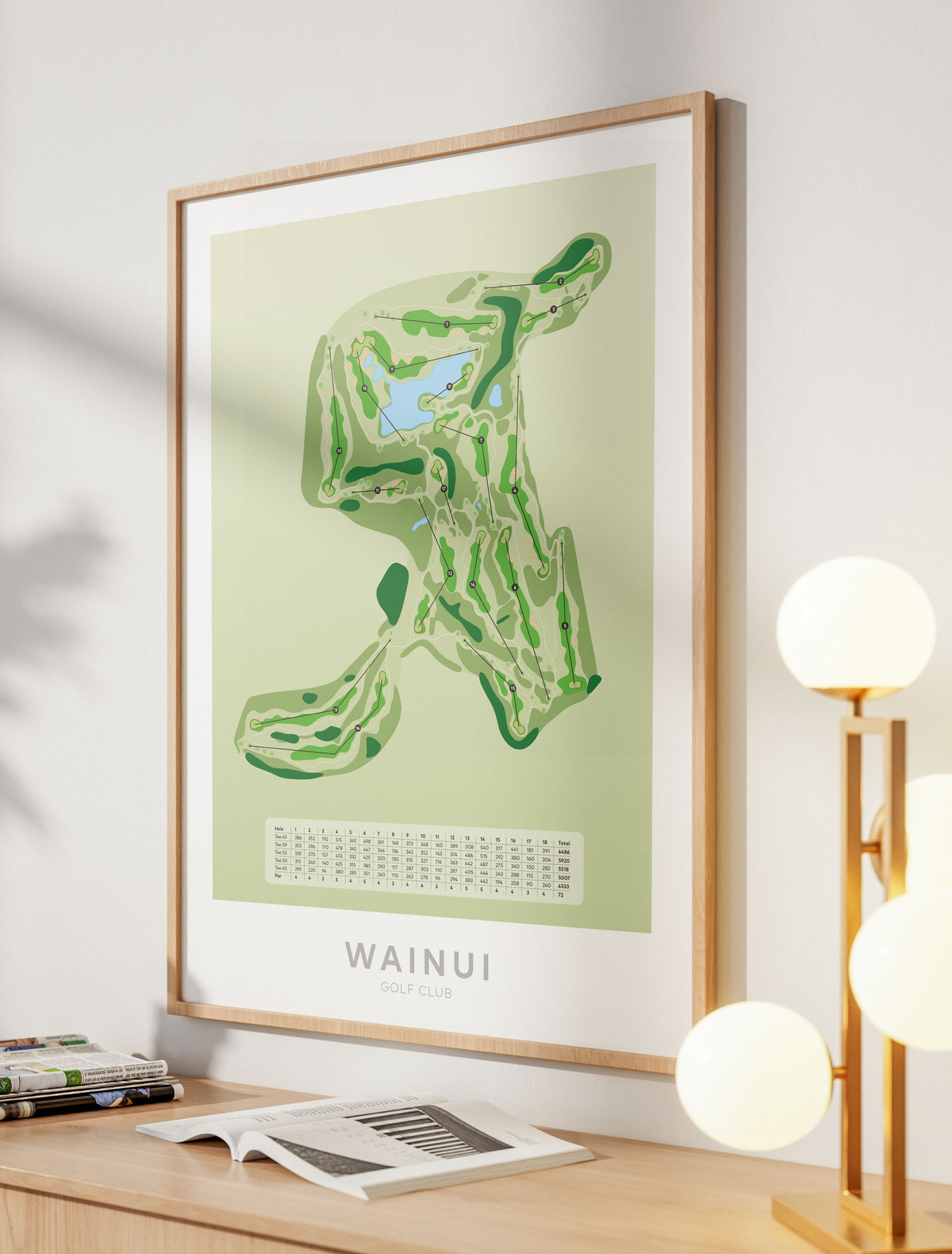 Oak framed Minimalist fine art map of Wainui Golf Course, North Shore, Auckland, New Zealand