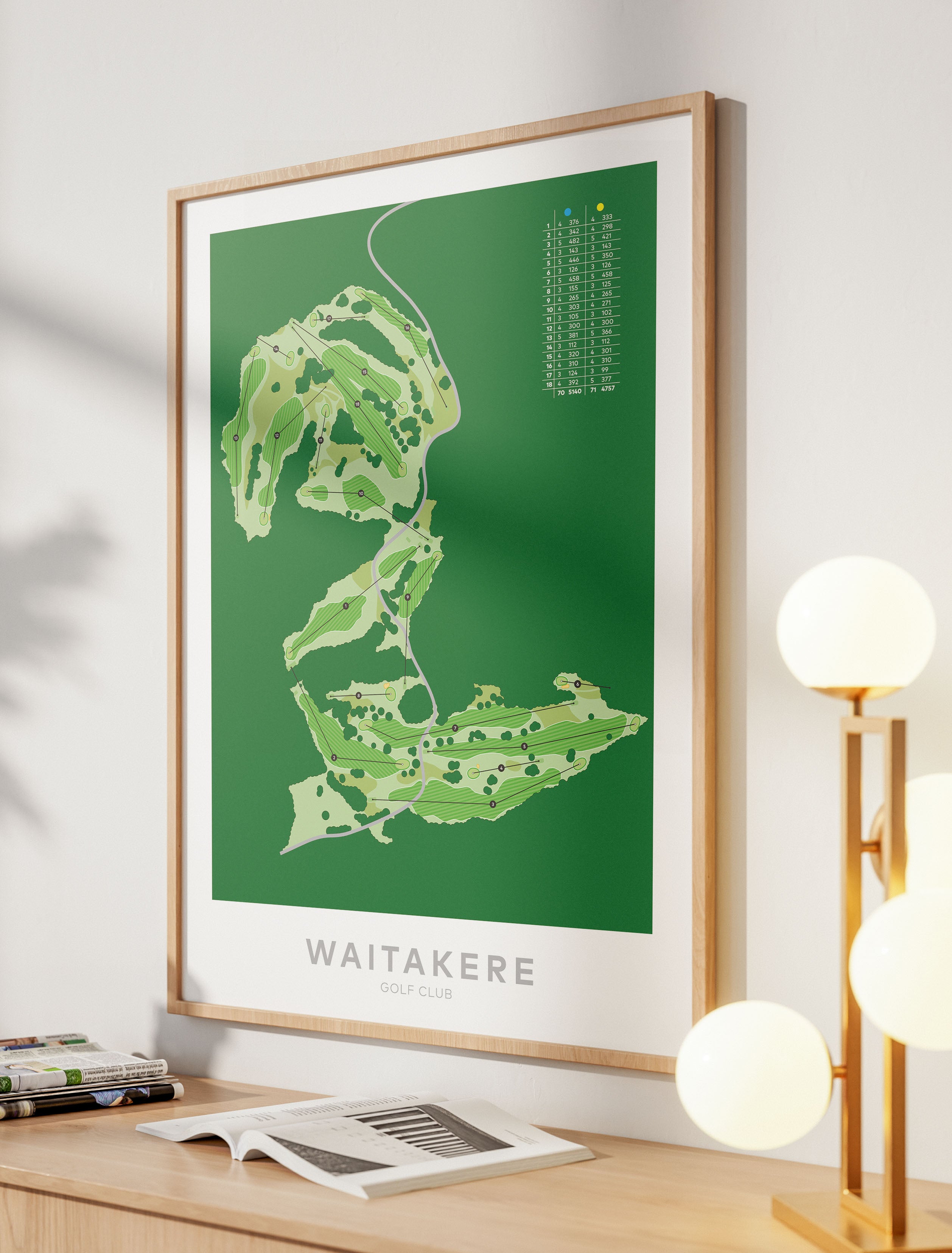 Oak framed Minimalist fine art map of Waitakere Golf Course, Auckland, New Zealand