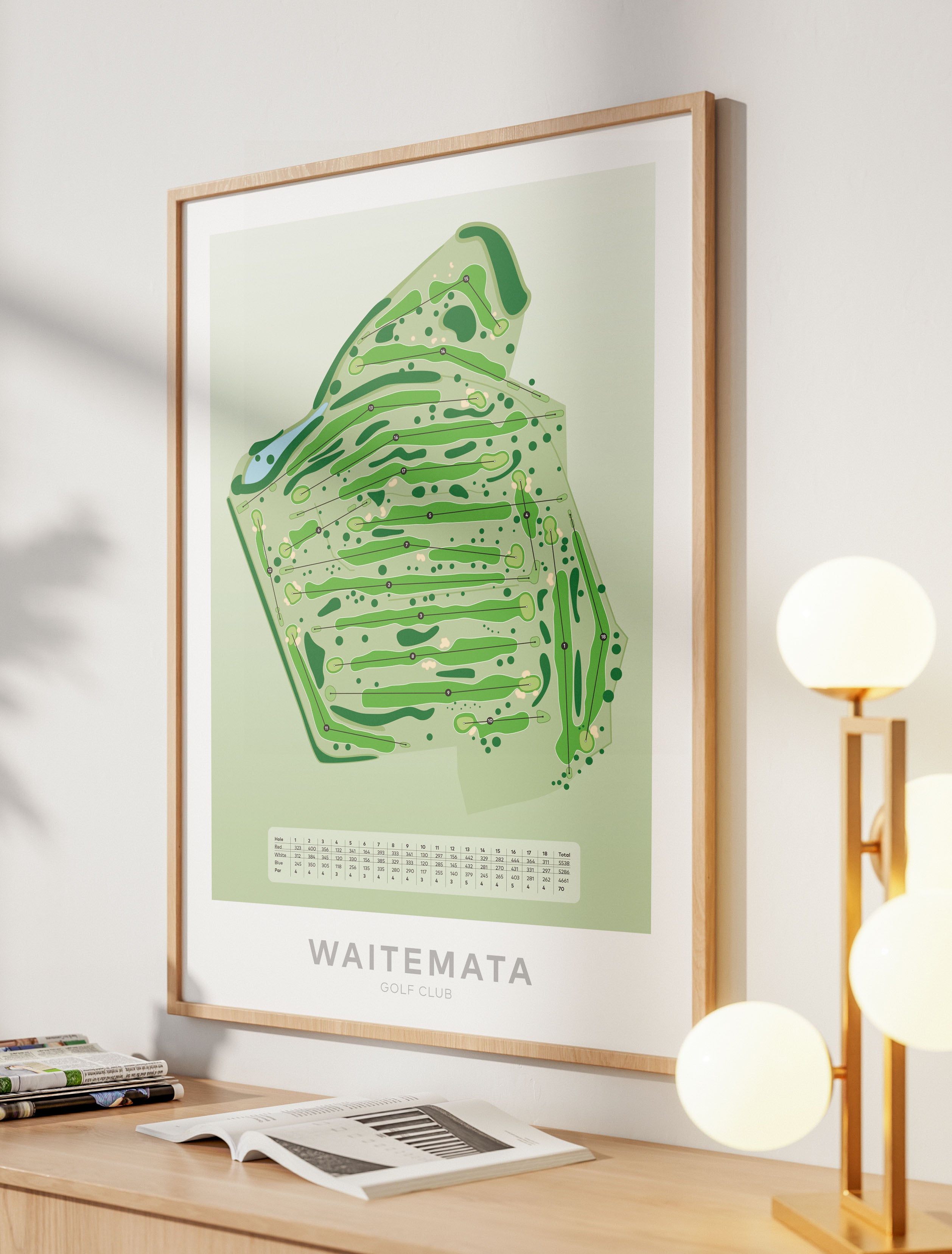 Oak framed Minimalist fine art map of Waitemata Golf Course, North Shore, Devonport, Auckland, New Zealand