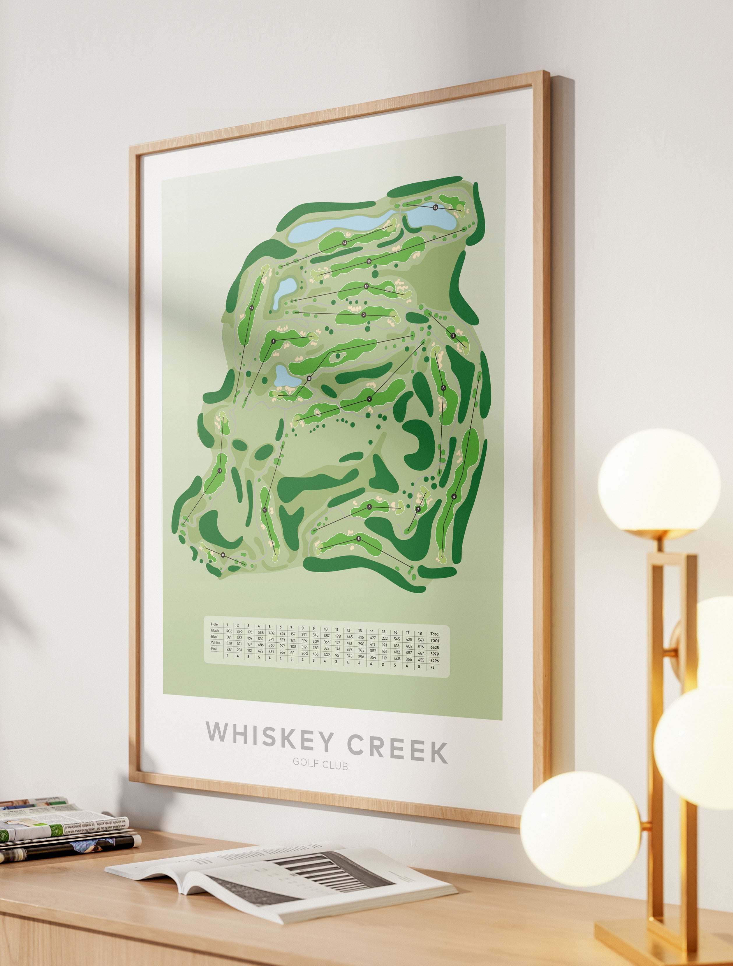 Whiskey-Creek-Golf-course Natural frame on white wall with sideboard and table lights