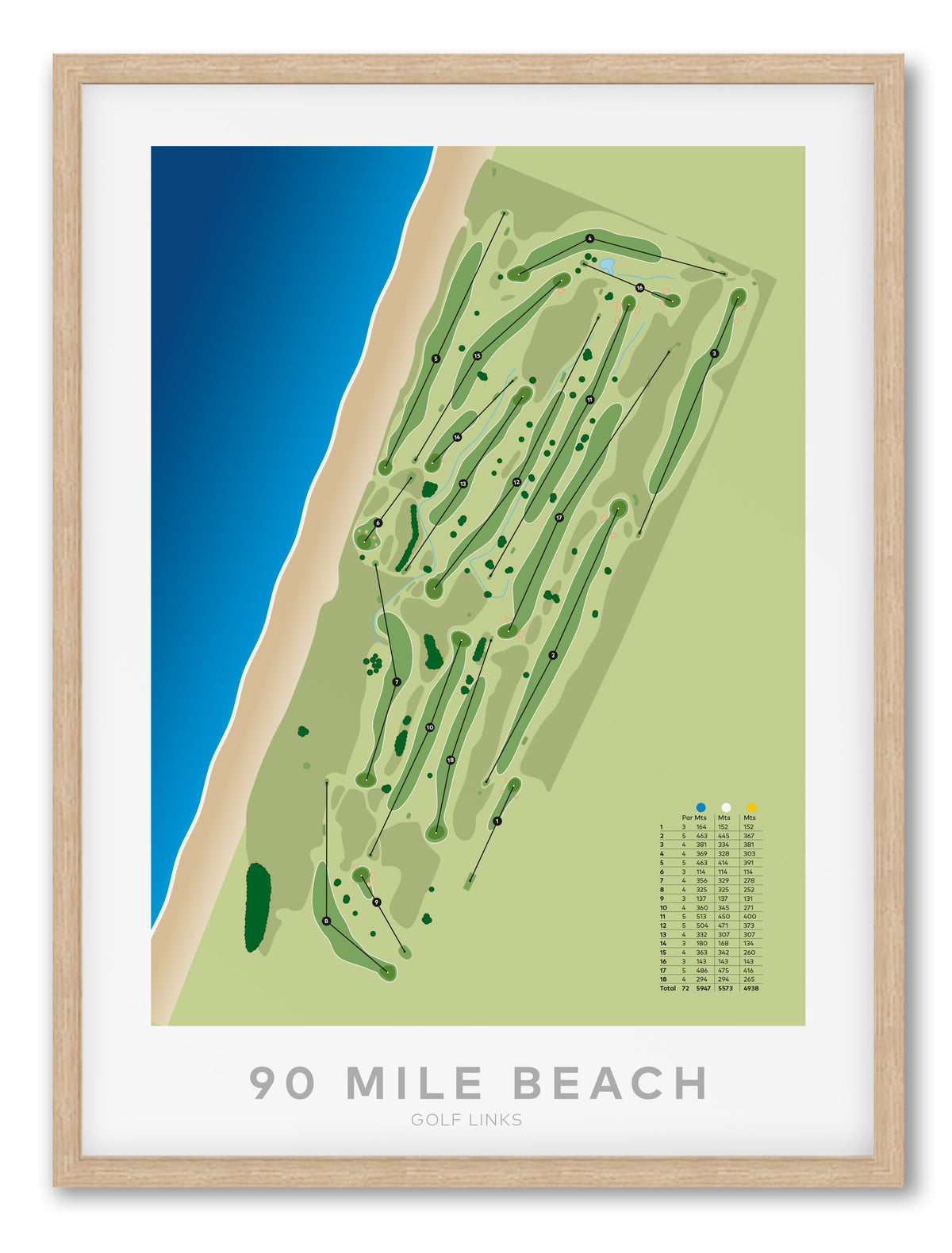 Oak framed minimalist fine art map of 90 Mile Beach (Kaitaia) Golf Course, Northland, New Zealand