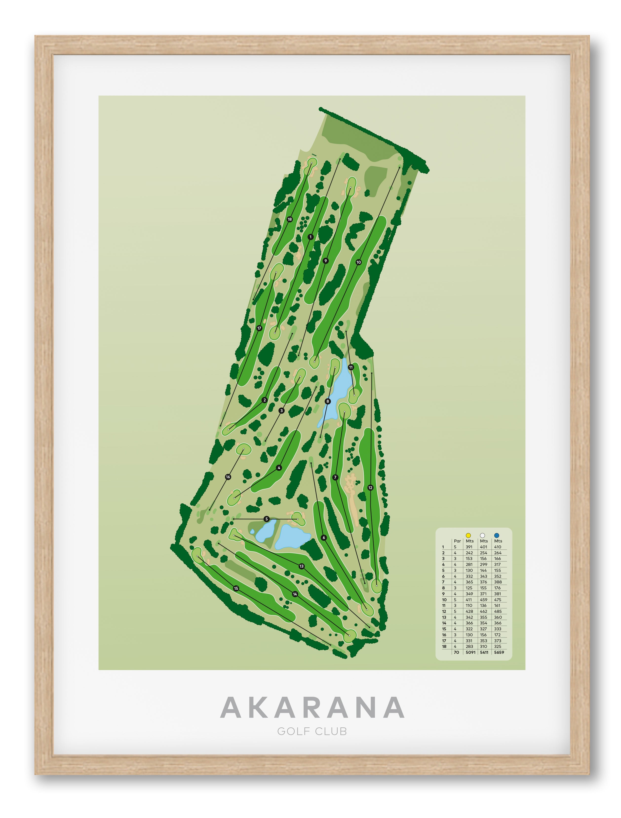 Oak framed minimalist fine art map of Akarana Golf Course, Auckland, New Zealand