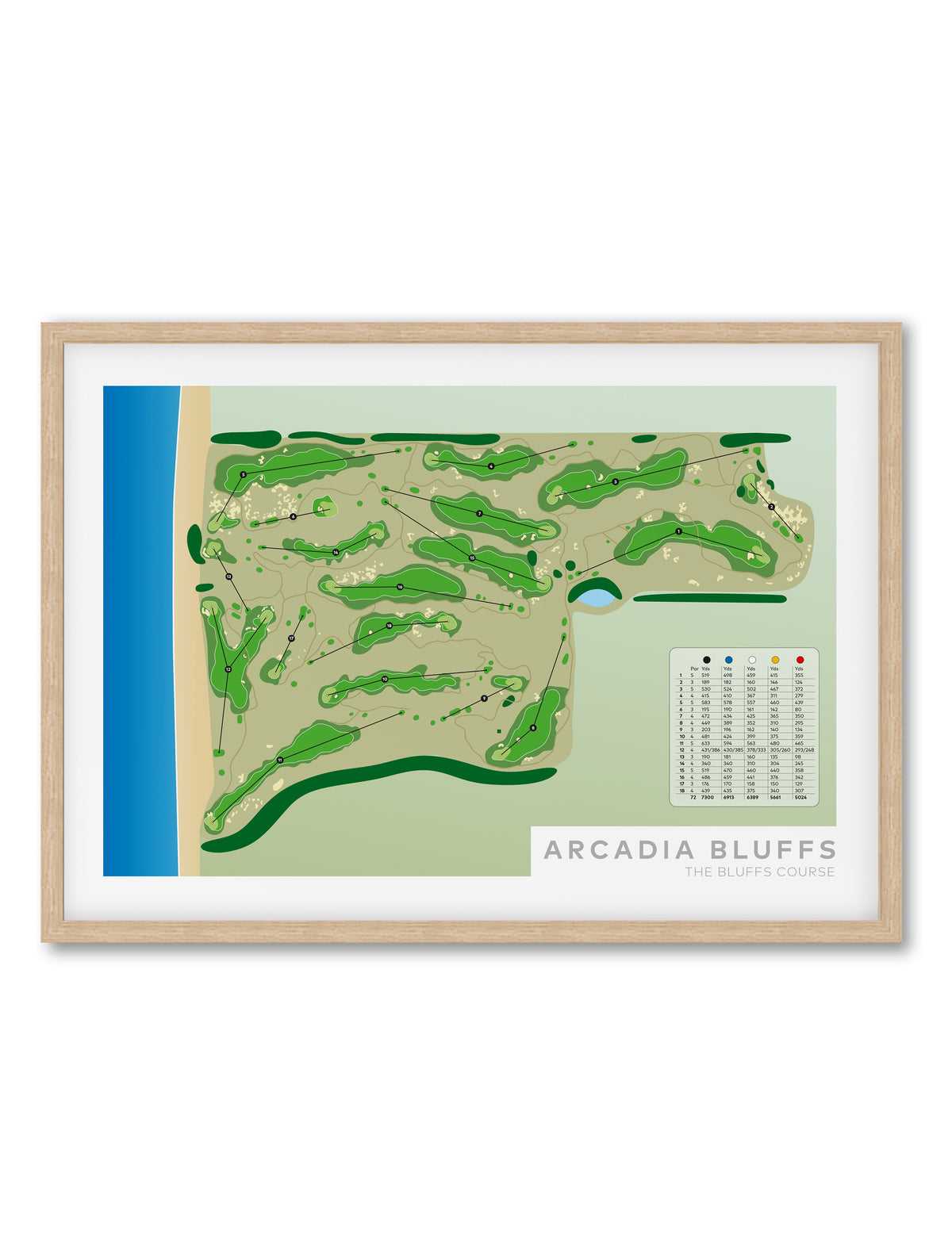 Oak minimalist fine art map of Arcadia Bluffs Golf Course, Michigan, Midwest, Manistee County, USA