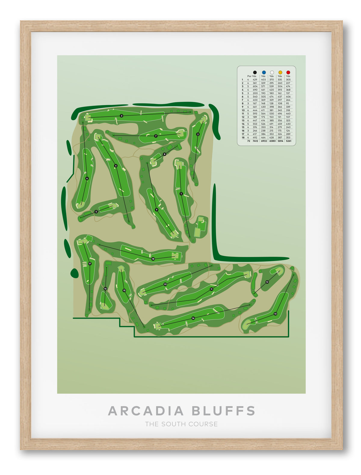 Oak framed minimalist fine art map of Arcadia Bluffs South Golf Course, Michigan, Midwest, Manistee County, USA