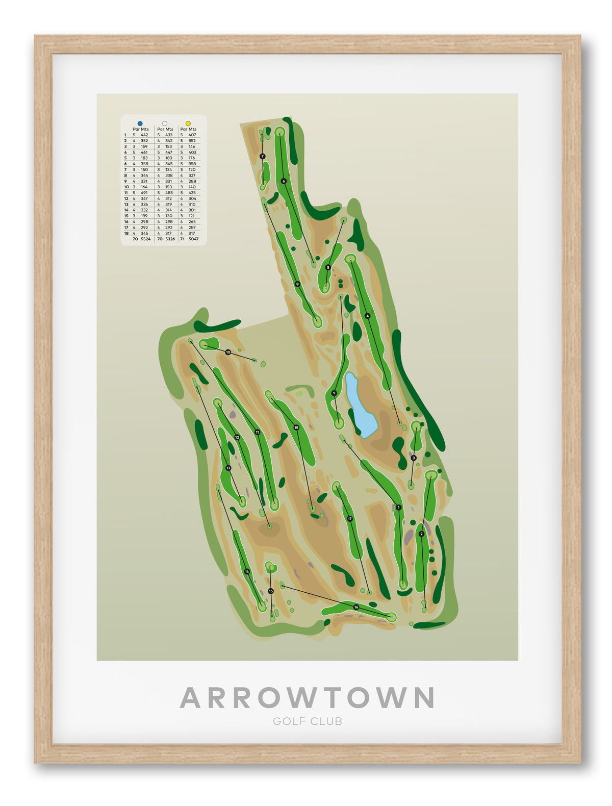 White framed minimalist fine art map of Arrowtown Golf Course, Queenstown Lakes Region, Otago, New Zealand
