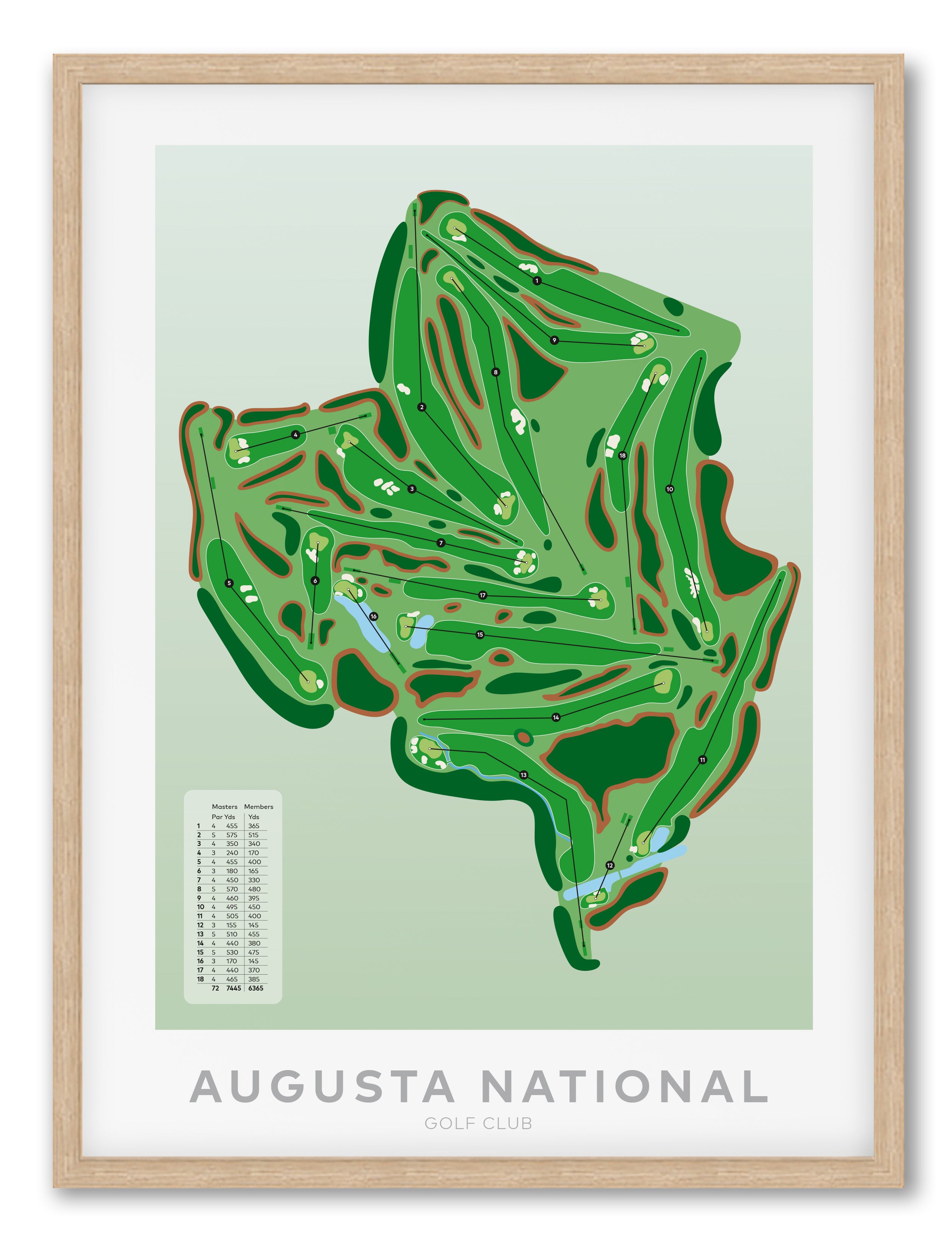 Oak framed minimalist fine art map of Augusta National Golf Course, Georgia, Southeast, Richmond County, USA