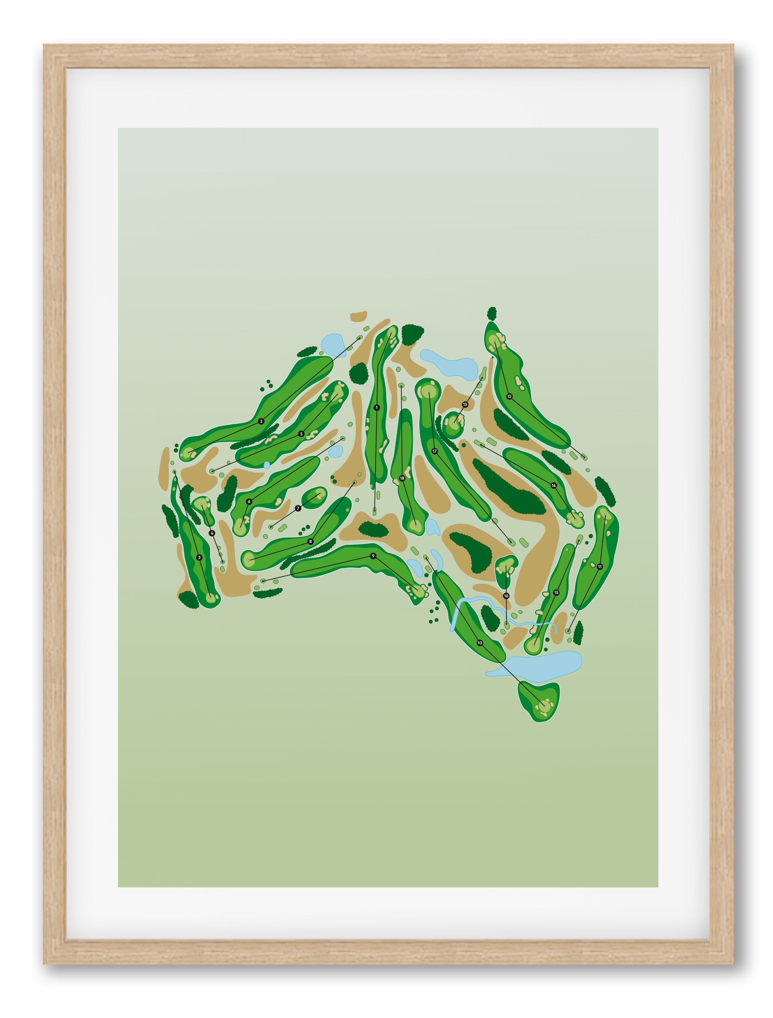 Black framed minimalist fine art map of Australia Golf Course, concept artwork