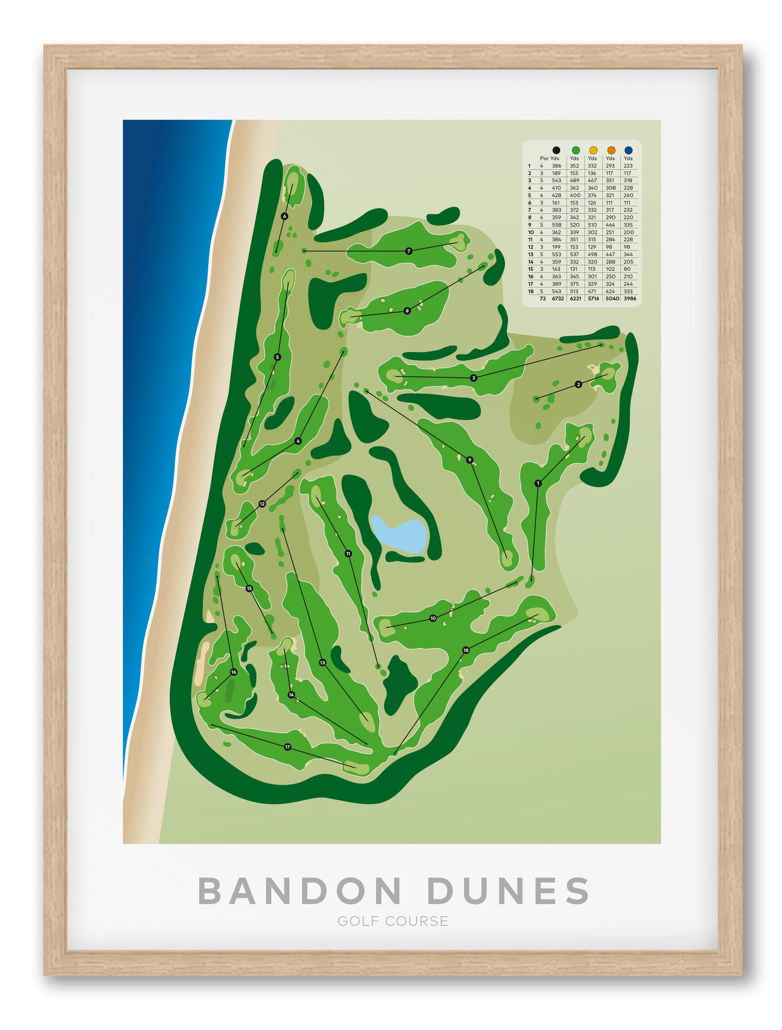Oak framed minimalist fine art map of Bandon Dunes Golf Course, Oregon, Pacific Northwest, Coos Country, USA